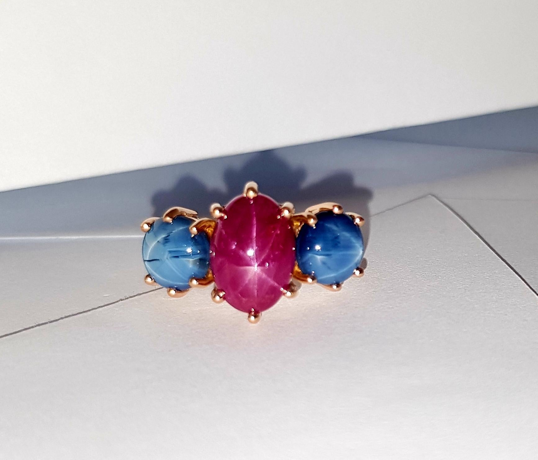 Star Ruby with Blue Star Sapphire Ring Set 18 Karat Rose Gold Settings For Sale 8
