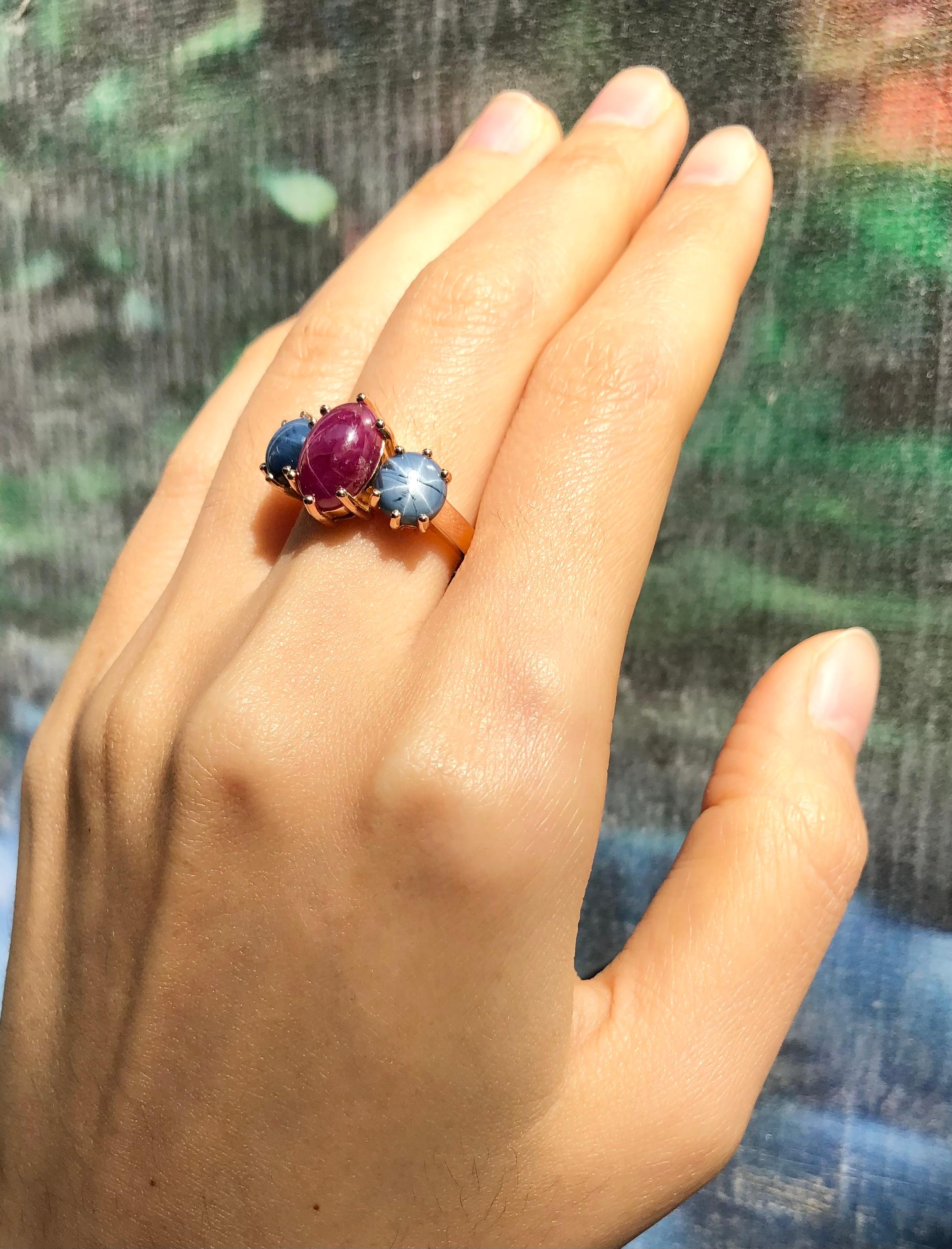 Rubí Estrella 3,68 quilates con Zafiro Estrella Azul 3,72 quilates Anillo engastado en oro rosa de 18 quilates

Anchura:  2,0 cm 
Longitud: 1.1 cm
Tamaño del anillo: 53
Peso total: 7,15 gramos

