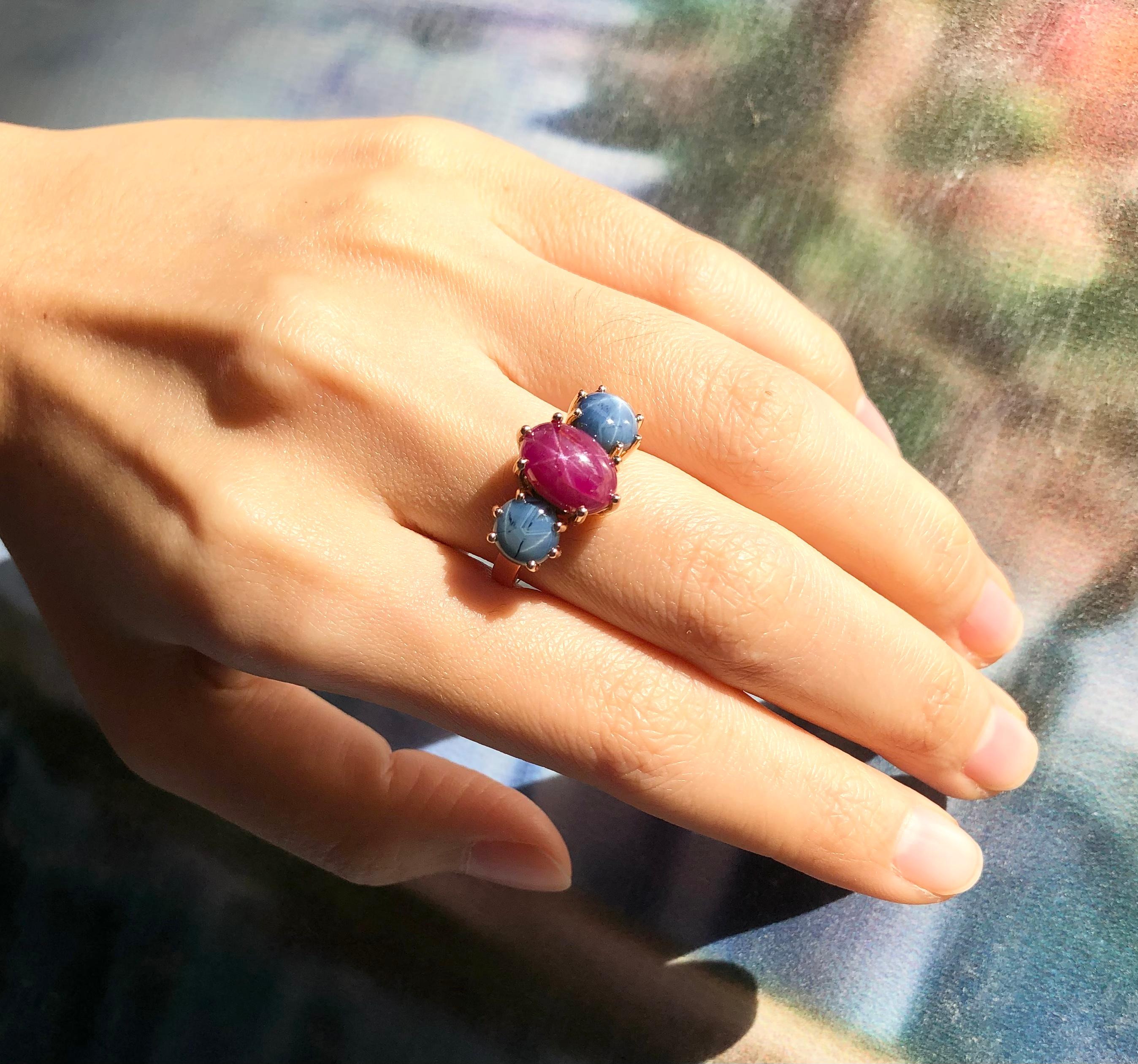 Anillo de Rubí Estrella con Zafiro Estrella Azul Engastado en Oro Rosa de 18 Kilates Cabujón en venta