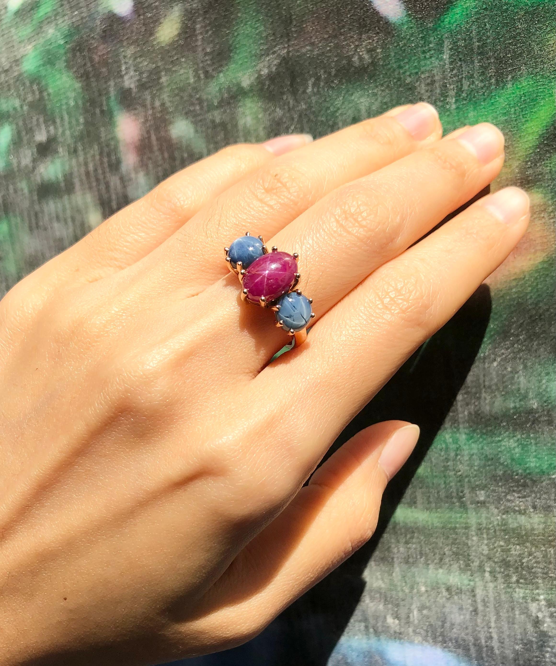 Anillo de Rubí Estrella con Zafiro Estrella Azul Engastado en Oro Rosa de 18 Kilates en venta 1