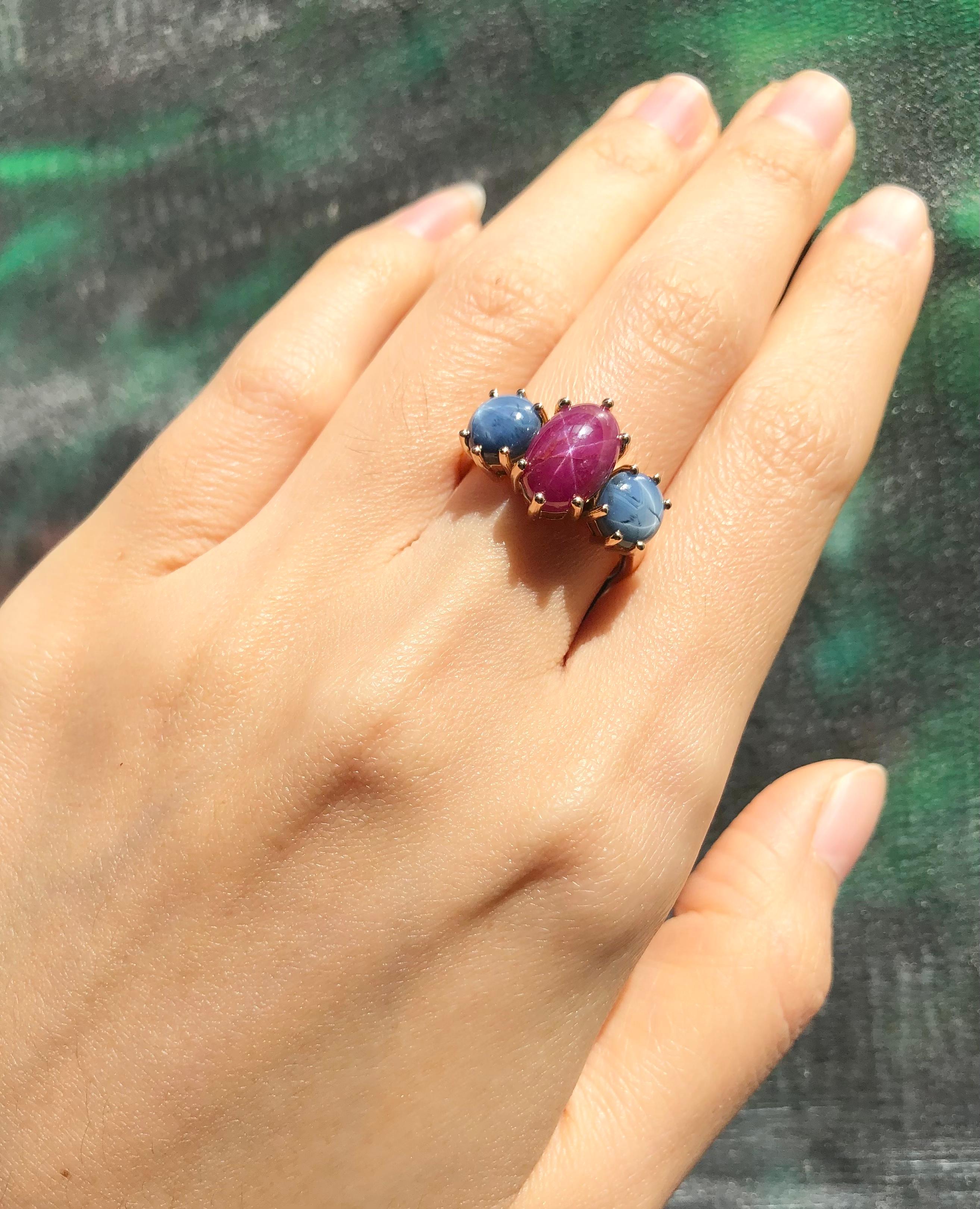 Star Ruby with Blue Star Sapphire Ring Set 18 Karat Rose Gold Settings In New Condition For Sale In Bangkok, TH