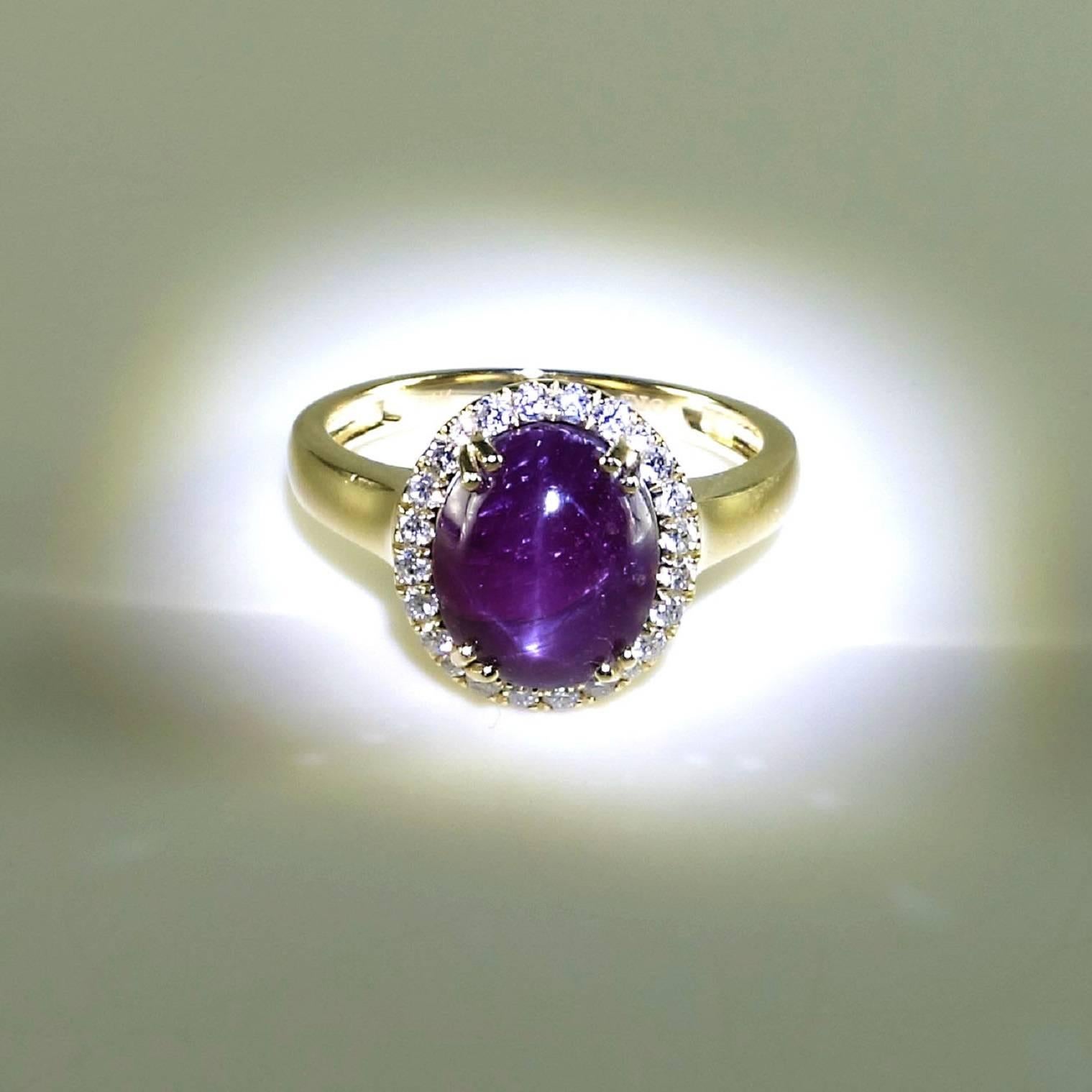 Handmade ring of elegant oval cabochon Star Ruby enhanced with a halo of diamonds. Stars are wonderful as long as you remember ' No Sun, No Light, No Star.' Put this gem in the light to see the lovely star. Flash your finger around to enjoy the