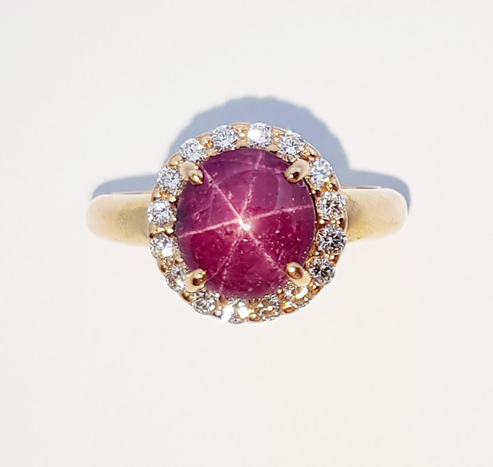 Cabochon Star Ruby with Diamond Ring Set in 18 Karat Rose Gold Settings For Sale
