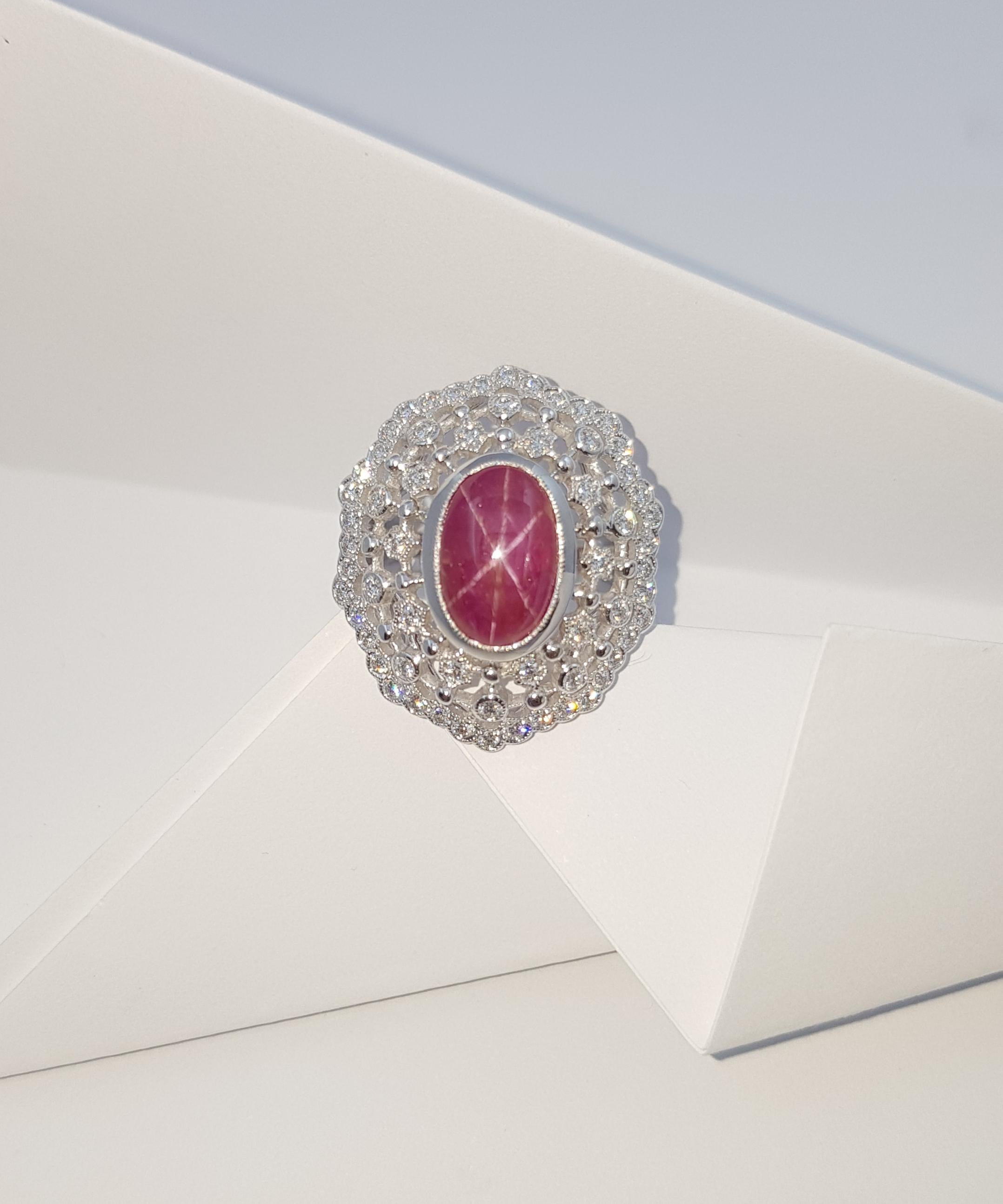 Star Ruby with Diamond Ring Set in 18 Karat White Gold Settings For Sale 7