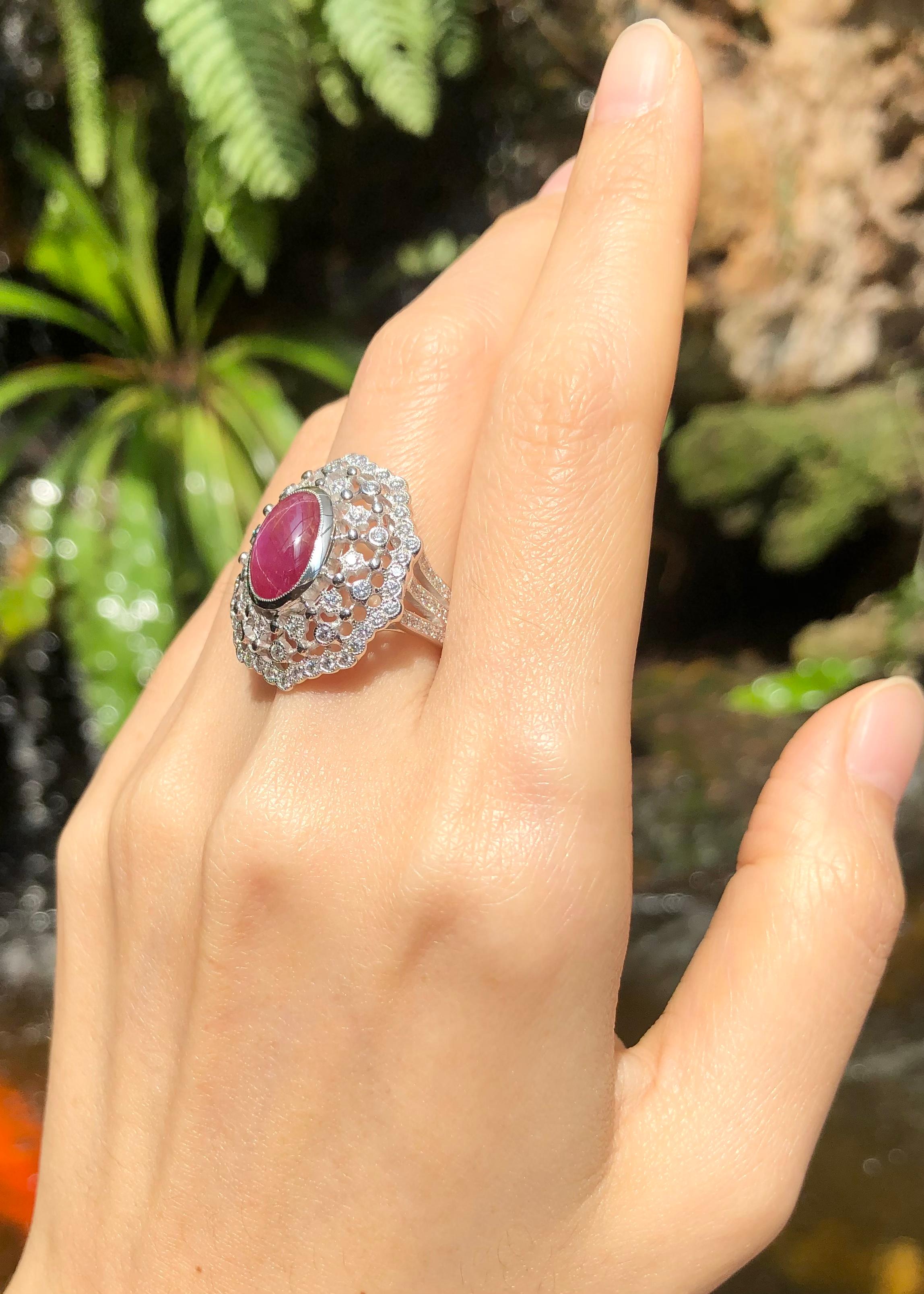 Art Nouveau Star Ruby with Diamond Ring Set in 18 Karat White Gold Settings For Sale