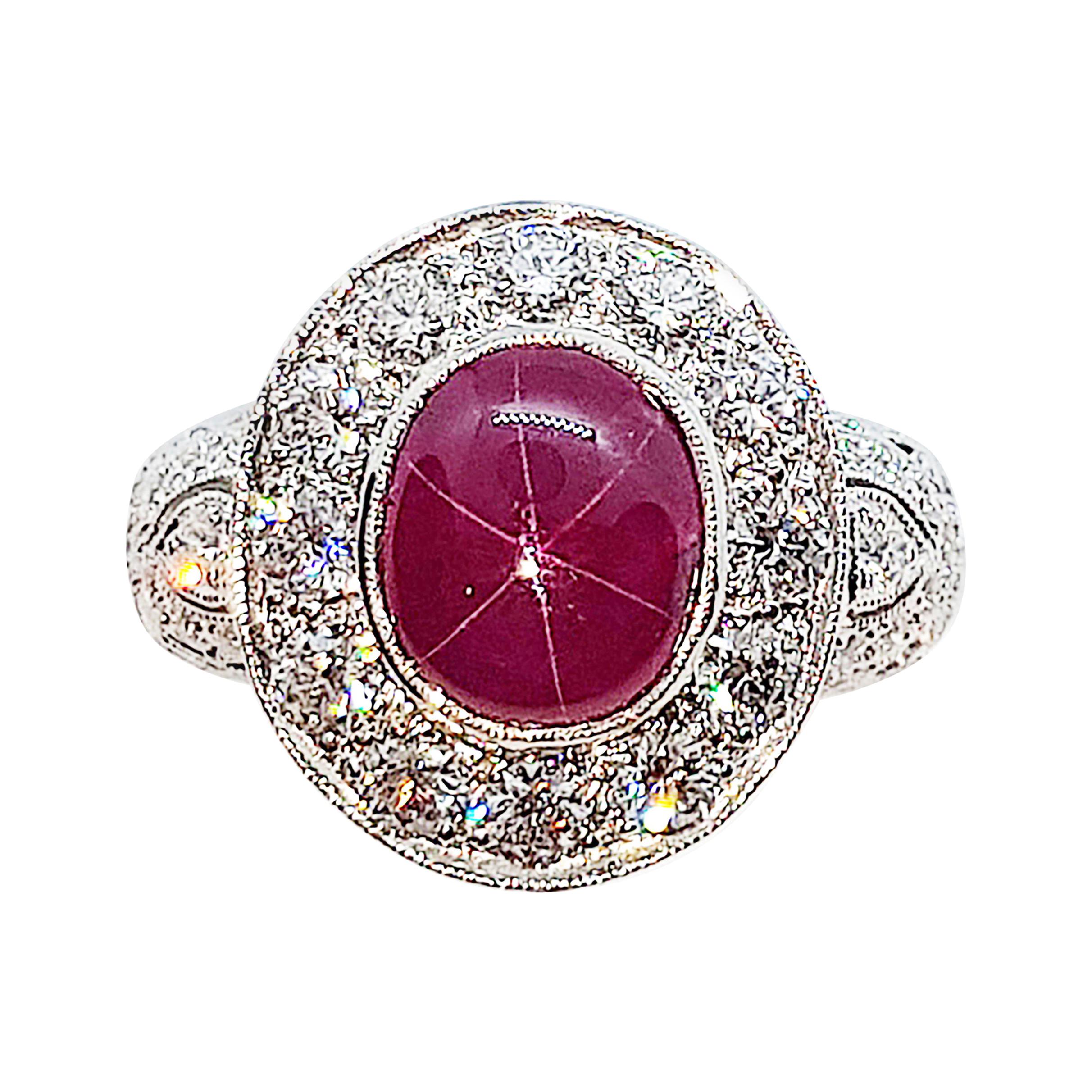 Star Ruby with Diamond Ring Set in 18 Karat White Gold Settings For Sale