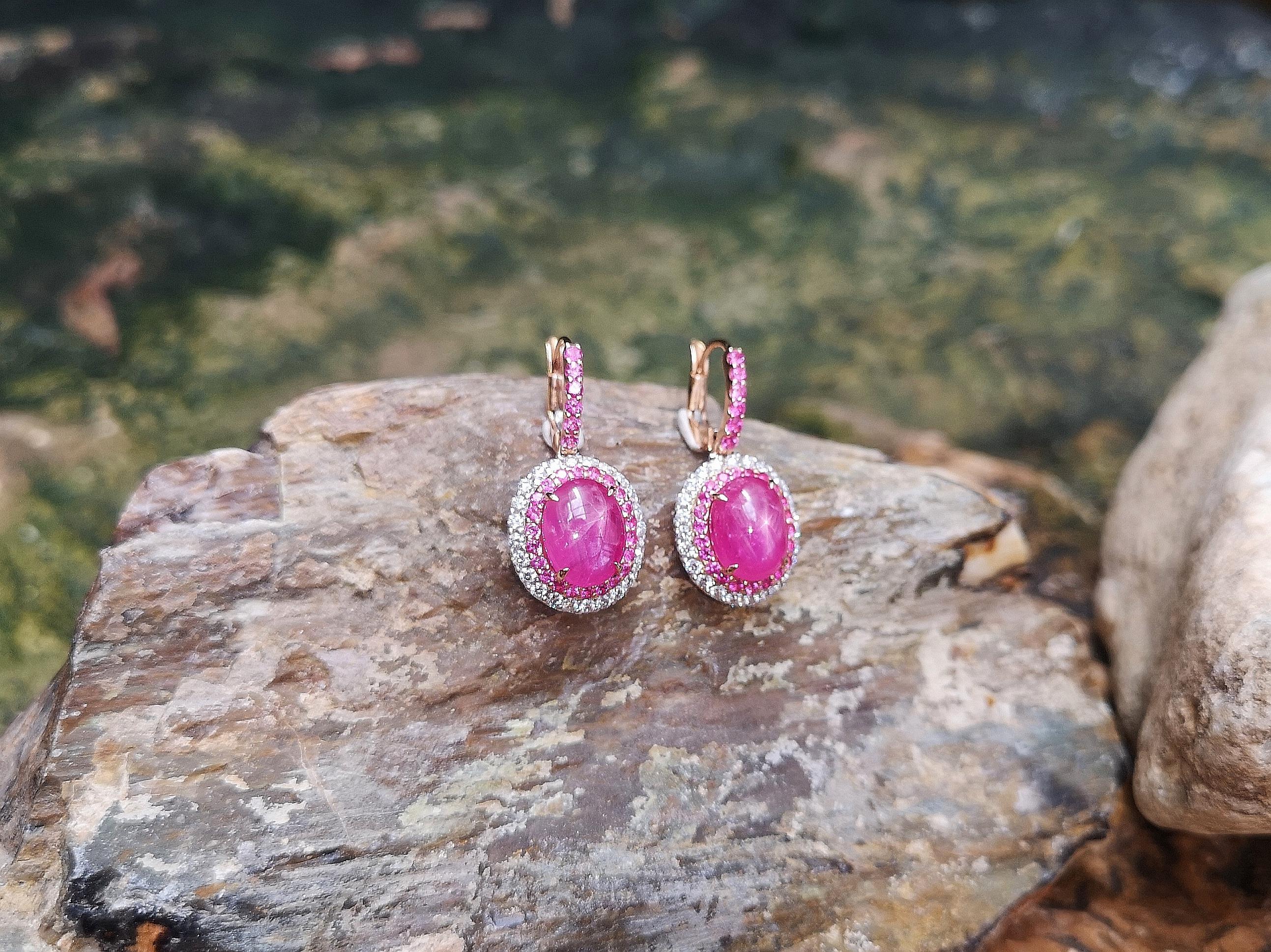 Cabochon Star Ruby with Pink Sapphire and Diamond Earrings Set in 18 Karat Rose Gold For Sale