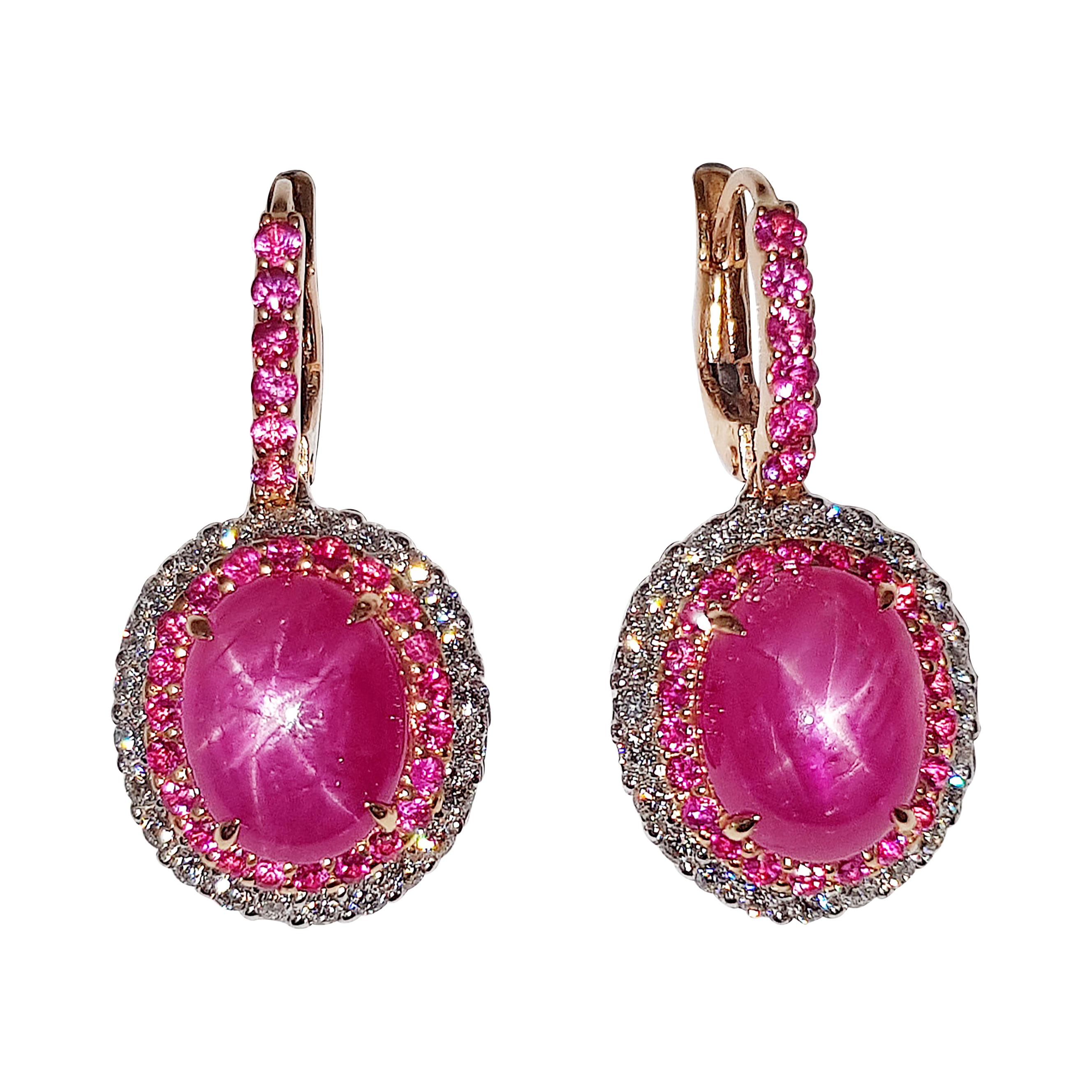 Star Ruby with Pink Sapphire and Diamond Earrings Set in 18 Karat Rose Gold For Sale