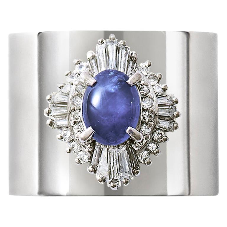 Star Sapphire 1.259 Carat Diamond 0.500 Carat Platinum Wide Band Ring For Sale