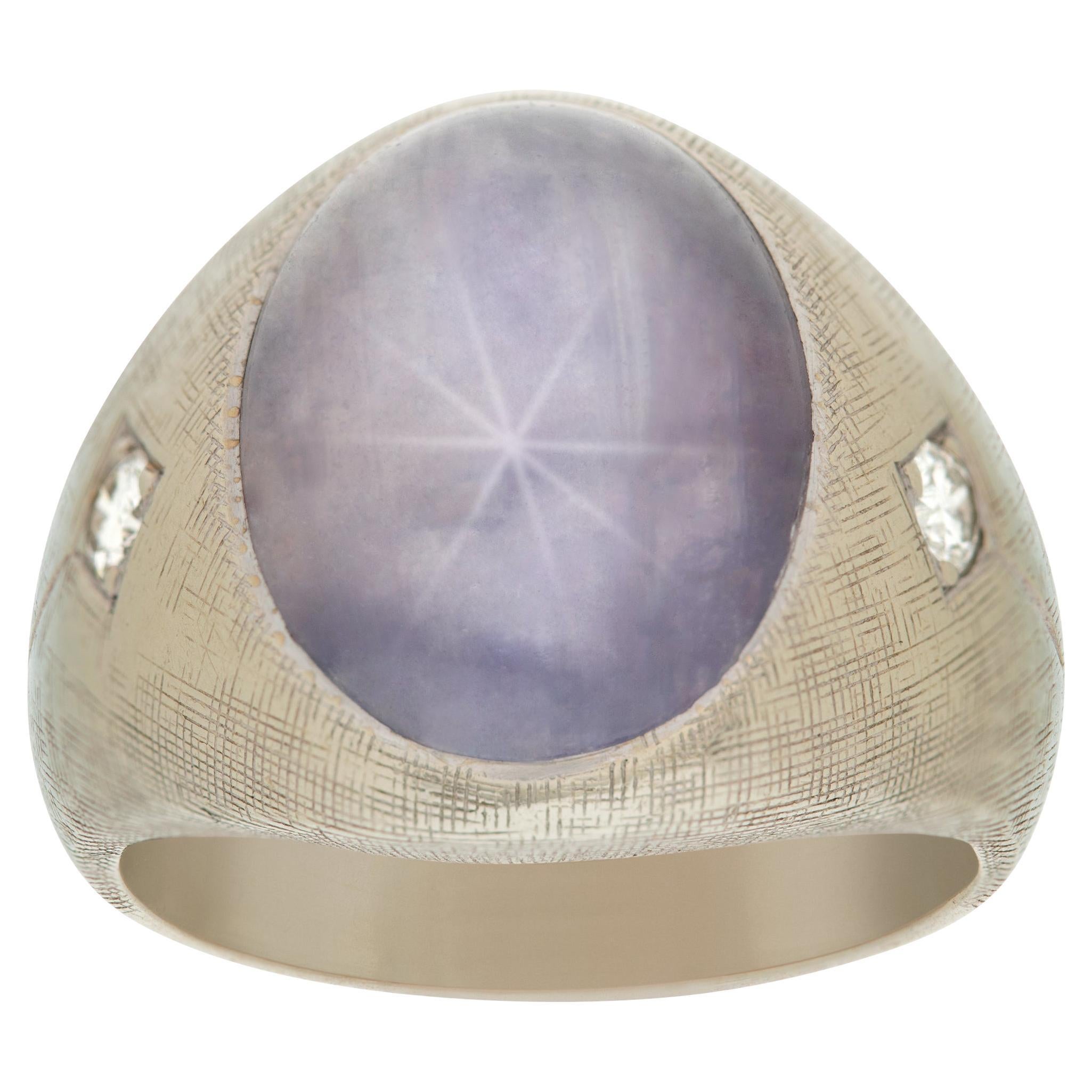 Star Sapphire 14k White Gold Ring with 2 Diamond Accents For Sale