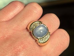 Star Sapphire and Baguette and Brilliant Diamond Mens Ring 14K Yellow Gold