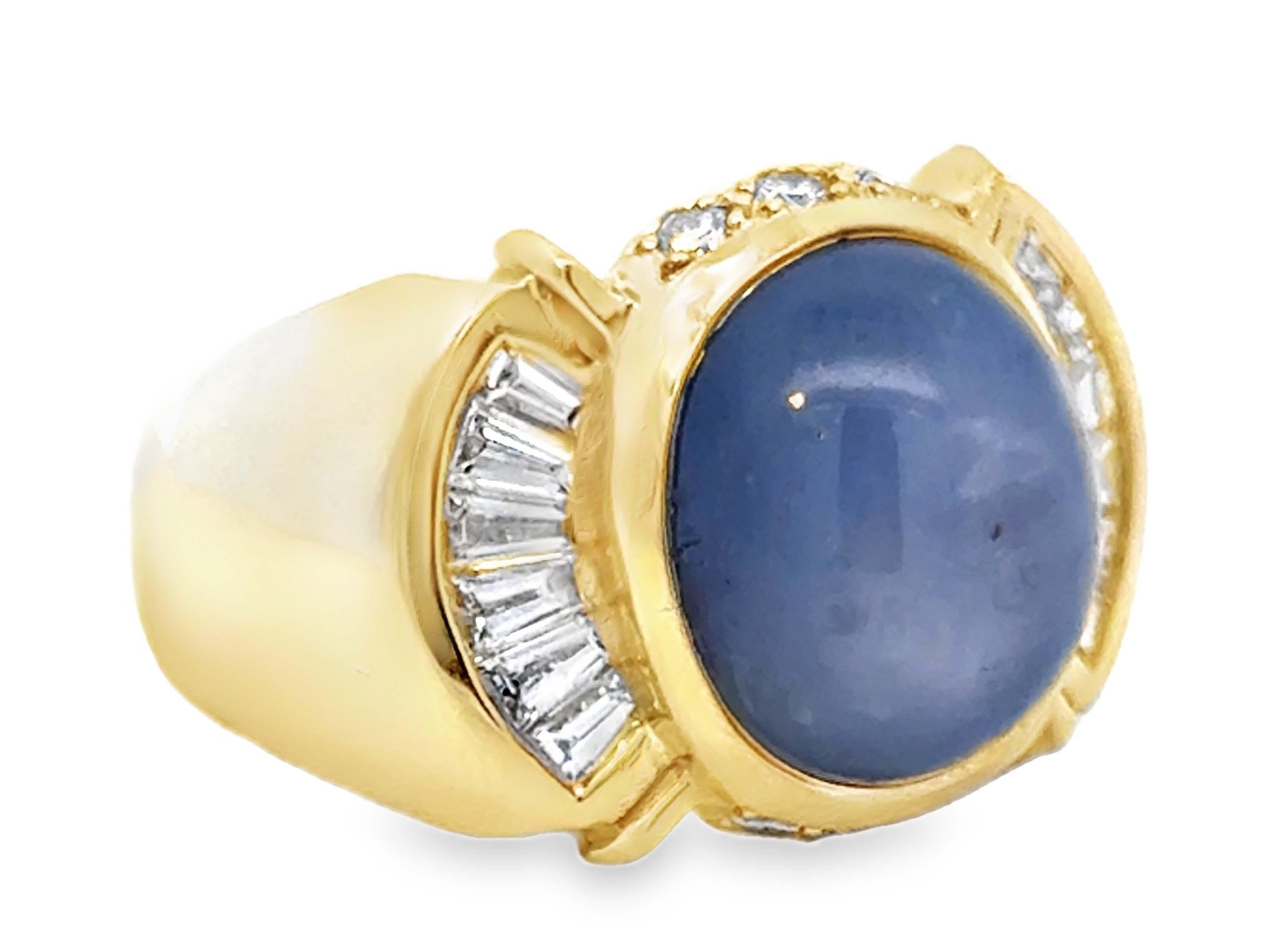 Cabochon Star Sapphire and Baguette and Brilliant Diamond Mens Ring 14K Yellow Gold For Sale