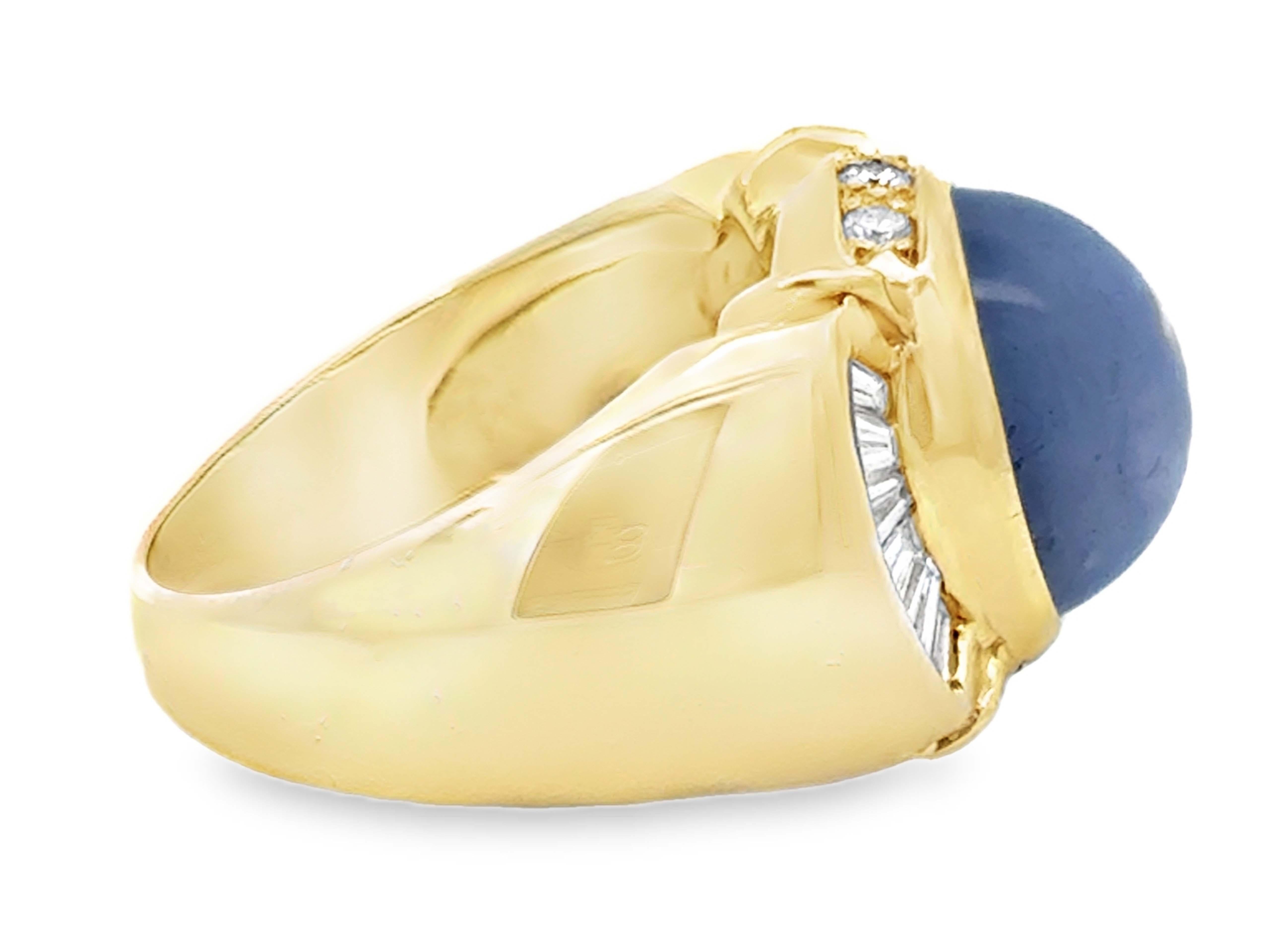Women's or Men's Star Sapphire and Baguette and Brilliant Diamond Mens Ring 14K Yellow Gold For Sale