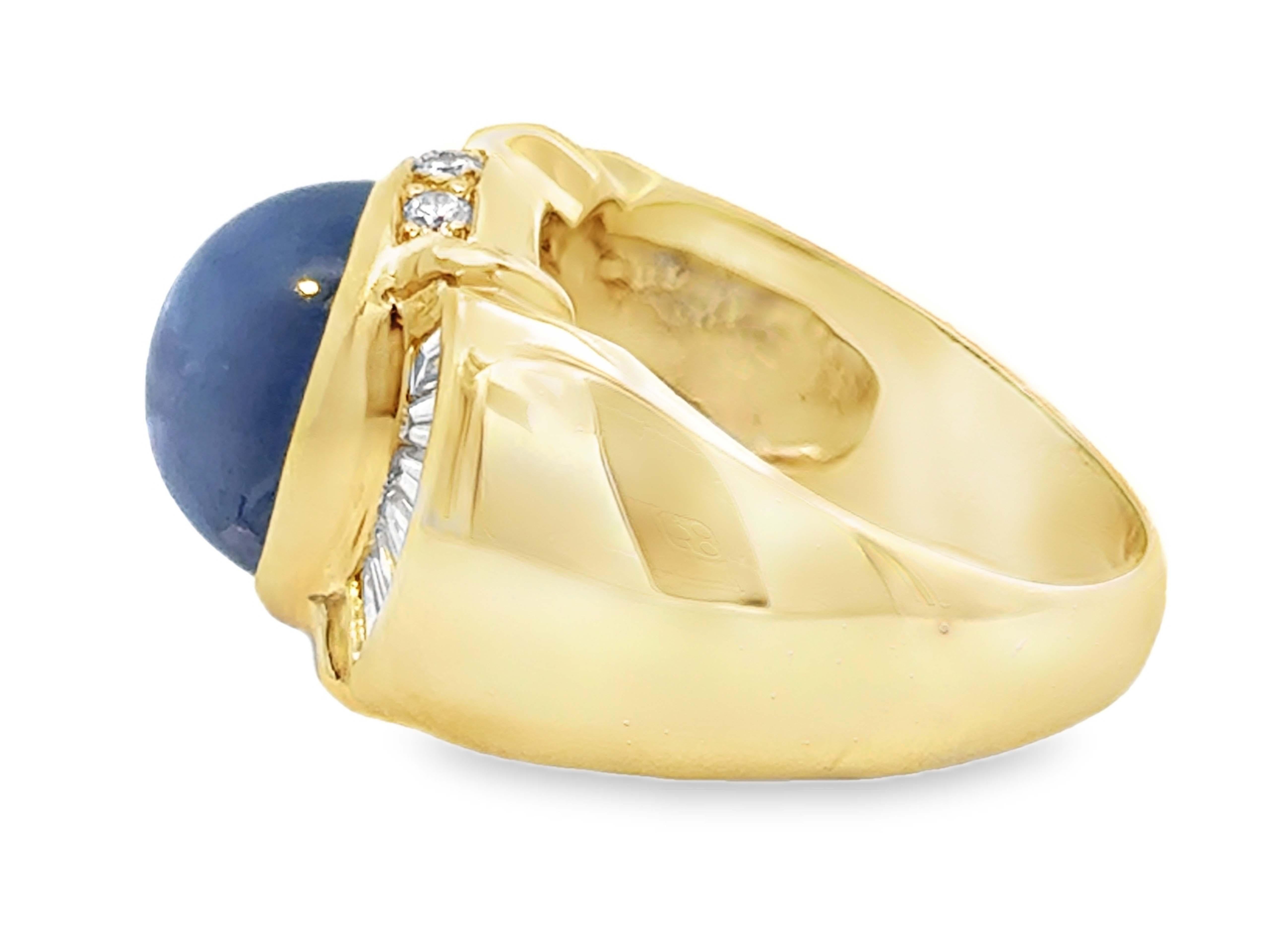 Star Sapphire and Baguette and Brilliant Diamond Mens Ring 14K Yellow Gold For Sale 1