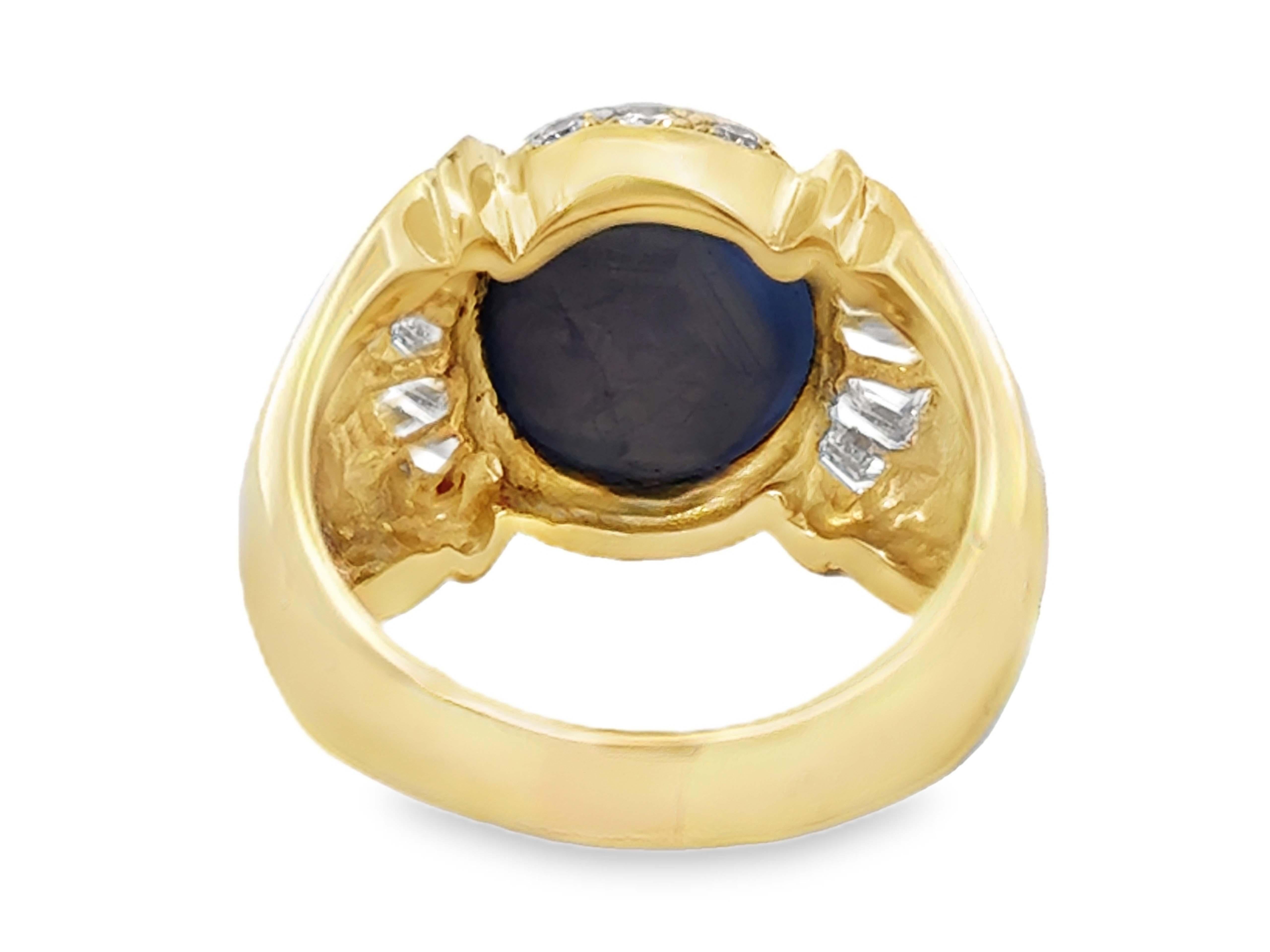 Star Sapphire and Baguette and Brilliant Diamond Mens Ring 14K Yellow Gold For Sale 2