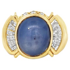 Star Sapphire and Baguette and Brilliant Diamond Mens Ring 14K Yellow Gold