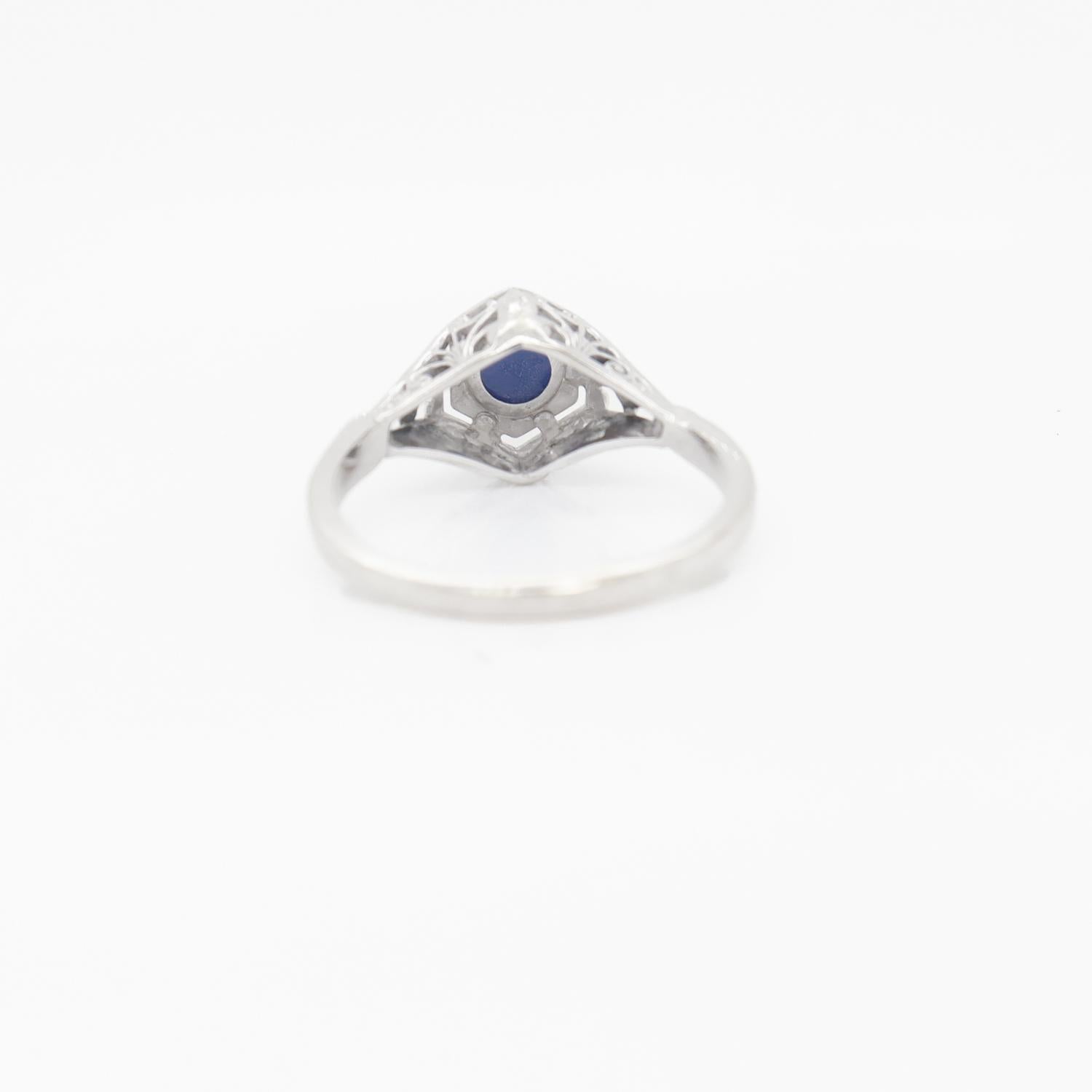 Star Sapphire Cabochon & 14K White Gold Art Deco Style Filigree Ring For Sale 5