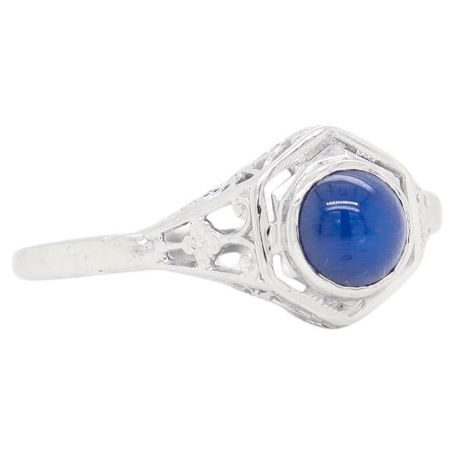 Star Sapphire Cabochon & 14K White Gold Art Deco Style Filigree Ring