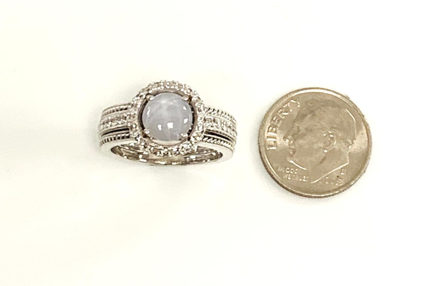 Women's 1.72 Violet-Gray Star Sapphire & Diamond Halo Band Ring in 18k White Gold