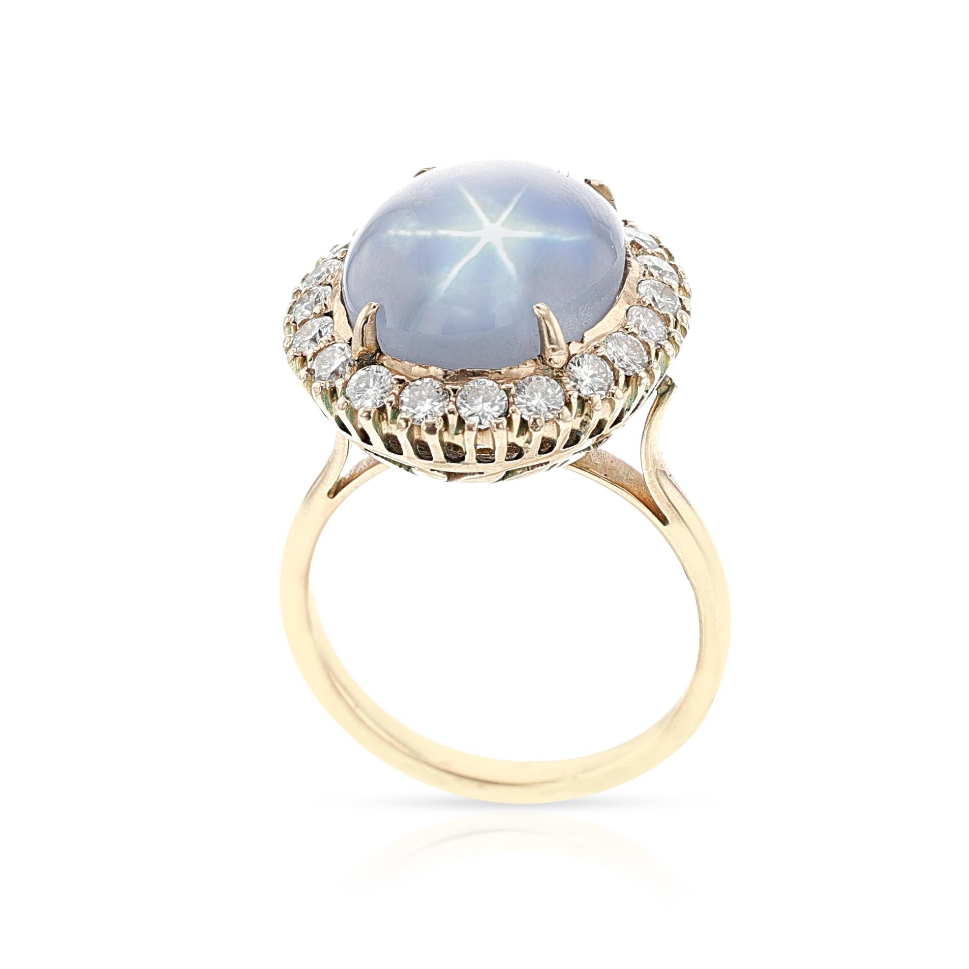 Star Sapphire Cabochon and Diamond Halo Ring, Gold In Excellent Condition For Sale In New York, NY