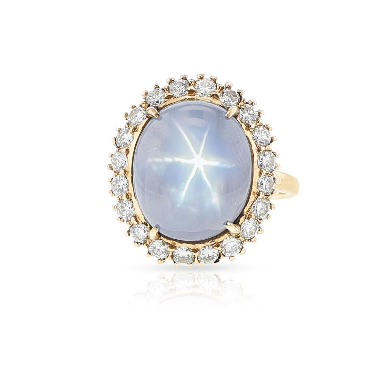 Women's or Men's Star Sapphire Cabochon and Diamond Halo Ring, Gold For Sale
