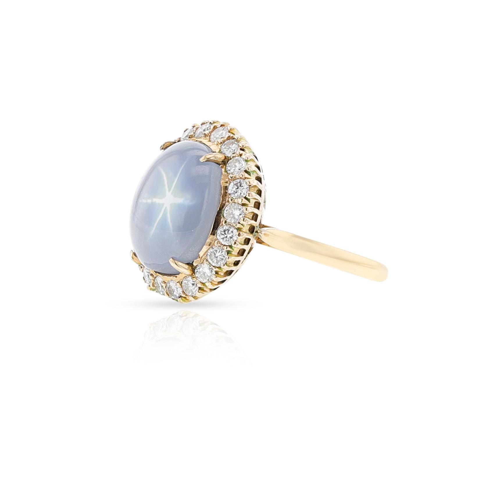 Star Sapphire Cabochon and Diamond Halo Ring, Gold For Sale 1
