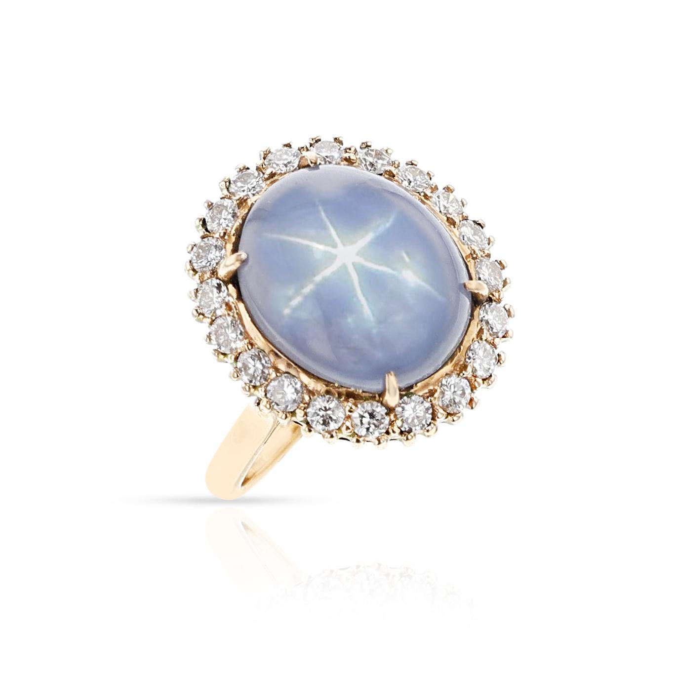 Star Sapphire Cabochon and Diamond Halo Ring, Gold For Sale 2