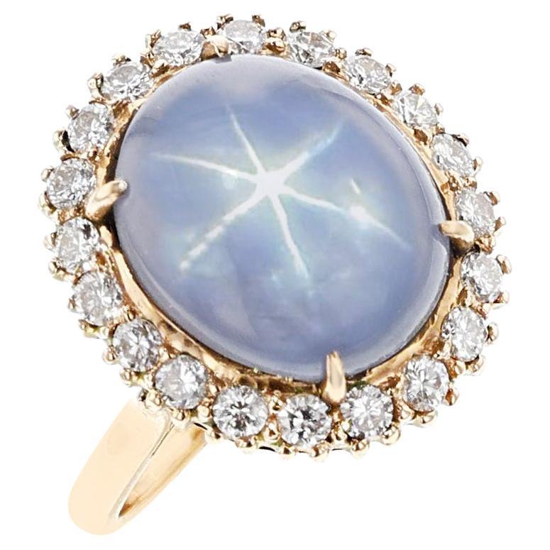 Star Sapphire Cabochon and Diamond Halo Ring, Gold For Sale