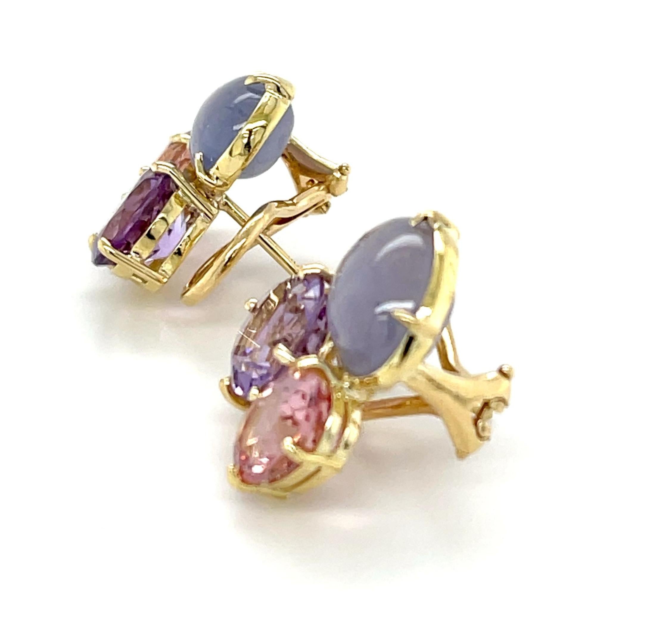Star Sapphire Cabochon Earrings with Morganite and Amethyst, 18K Yellow  Gold For Sale 5
