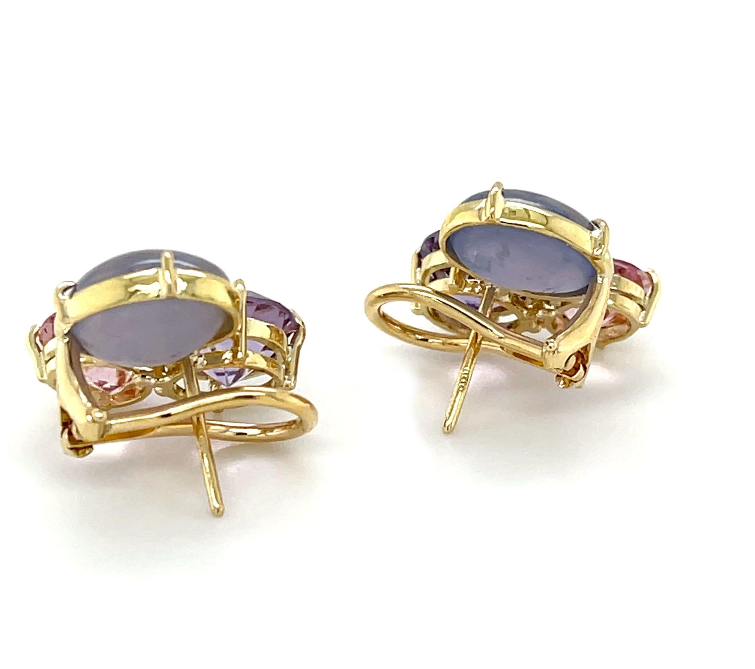 Star Sapphire Cabochon Earrings with Morganite and Amethyst, 18K Yellow  Gold For Sale 6