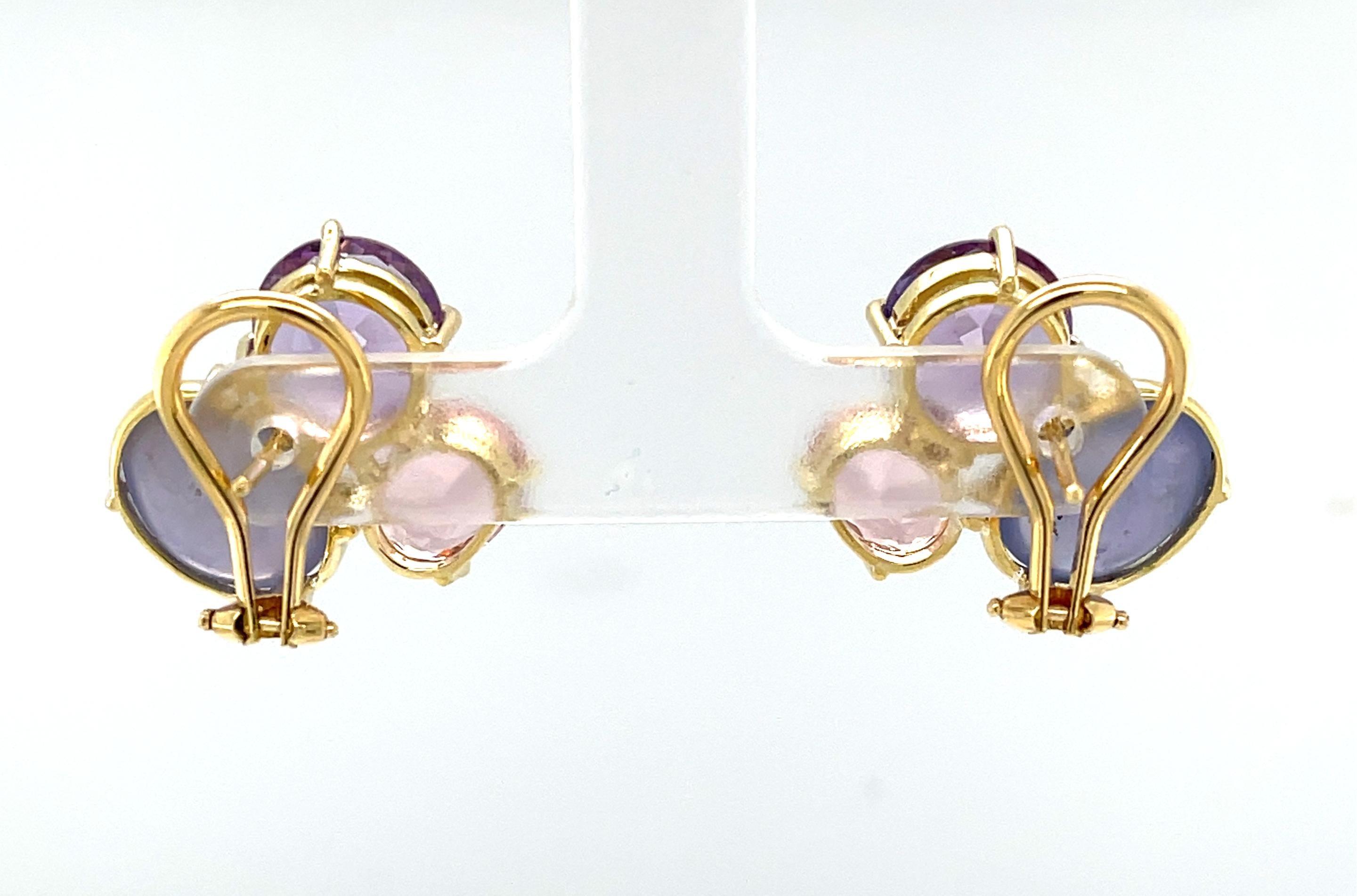 Star Sapphire Cabochon Earrings with Morganite and Amethyst, 18K Yellow  Gold In New Condition For Sale In Los Angeles, CA
