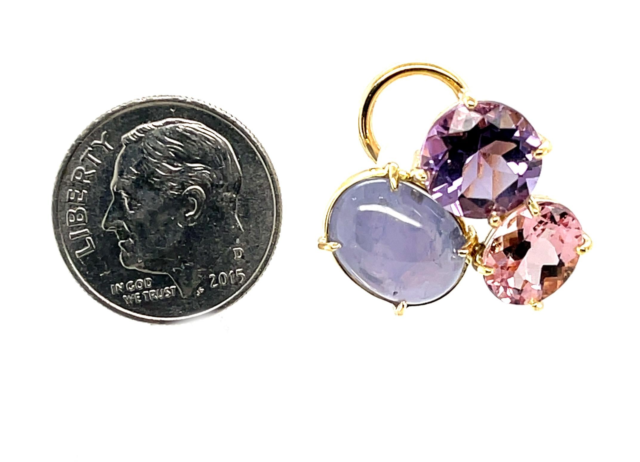 Women's Star Sapphire Cabochon Earrings with Morganite and Amethyst, 18K Yellow  Gold For Sale