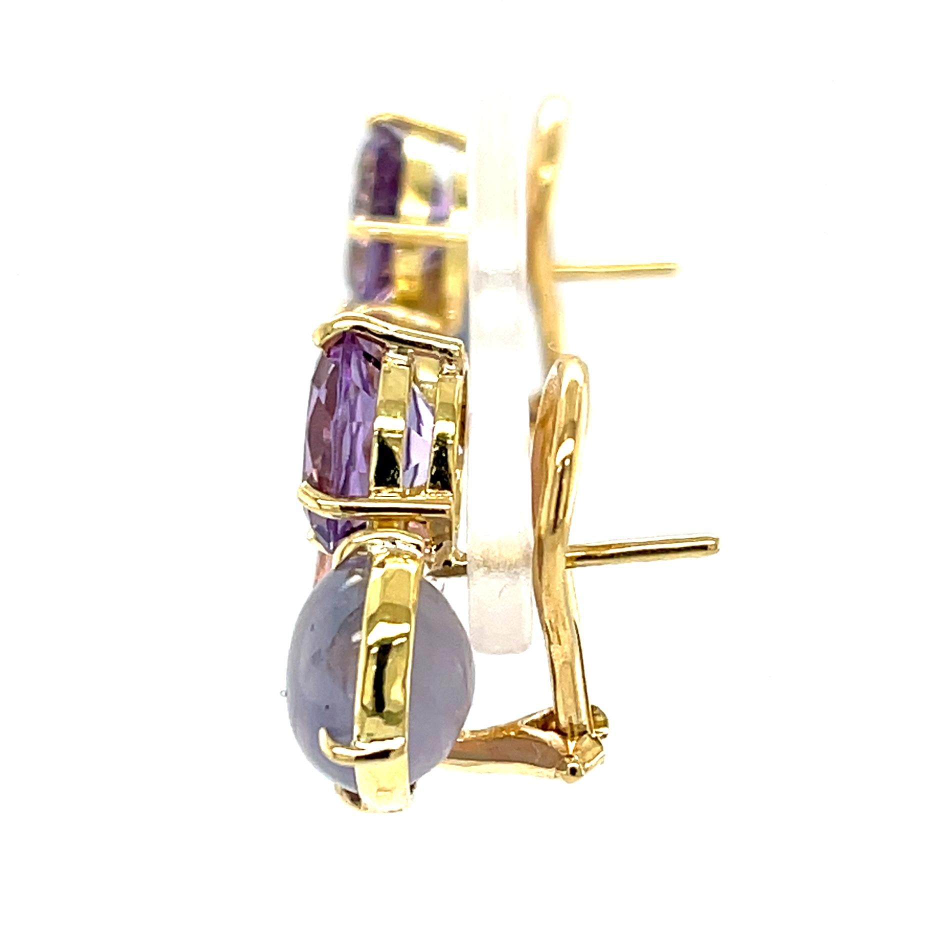 Star Sapphire Cabochon Earrings with Morganite and Amethyst, 18K Yellow  Gold For Sale 3