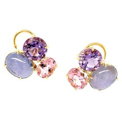 Star Sapphire Cabochon Earrings with Morganite and Amethyst, 18K Yellow  Gold