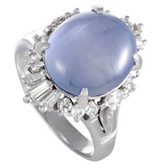 Star Sapphire Cabochon Round and Baguette Diamond Platinum Ring