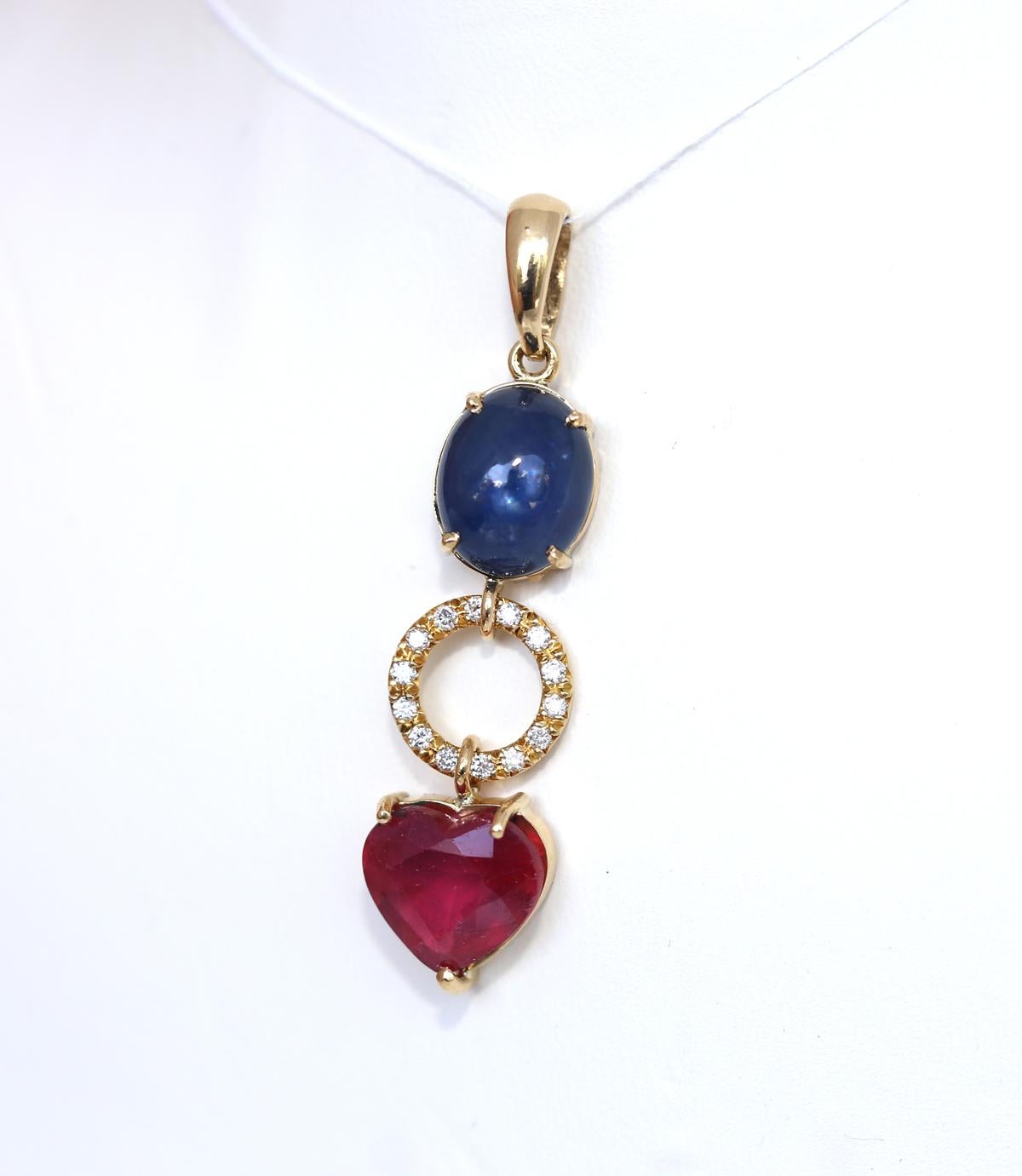 Star Sapphire Cabochon Ruby Heart Diamonds Ring Pendant, 1950 3