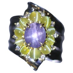 Platin & Goldring mit Sternsaphir Katzenauge Chrysoberyll Diamant Platin