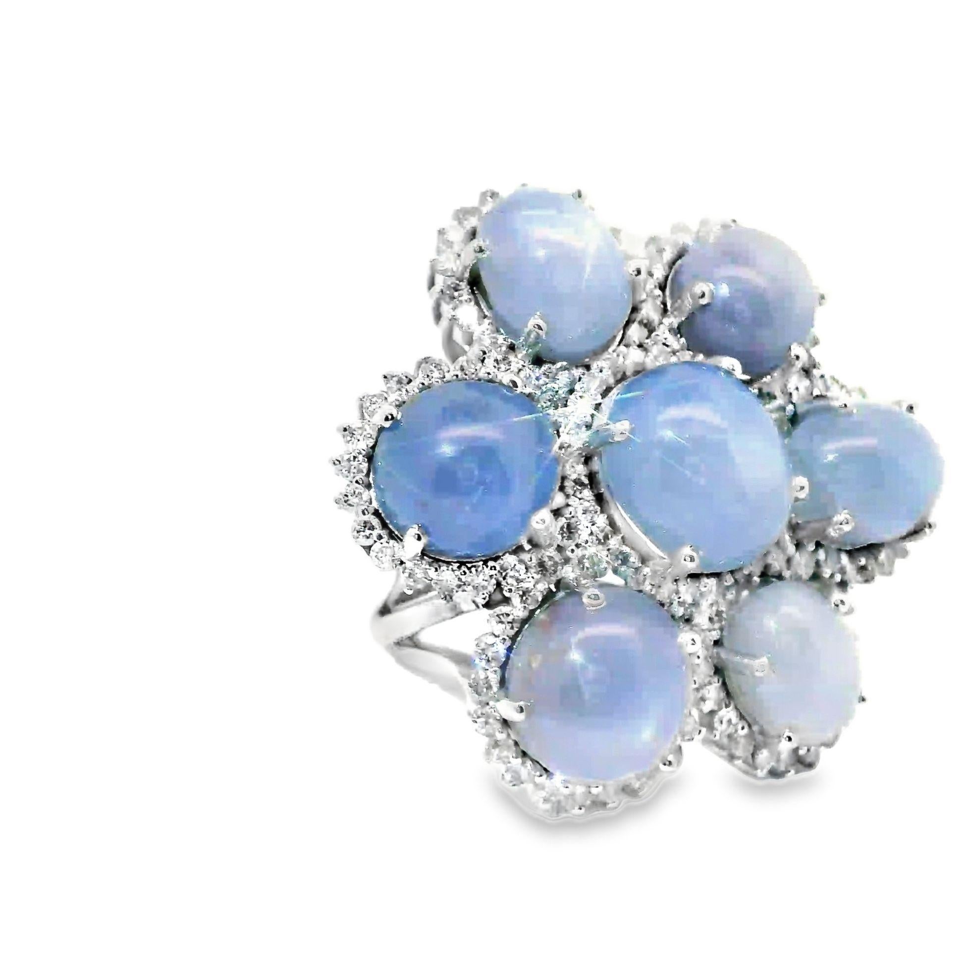 Contemporary Star Sapphire Diamond Cluster 18k White Gold Cocktail Ring For Sale
