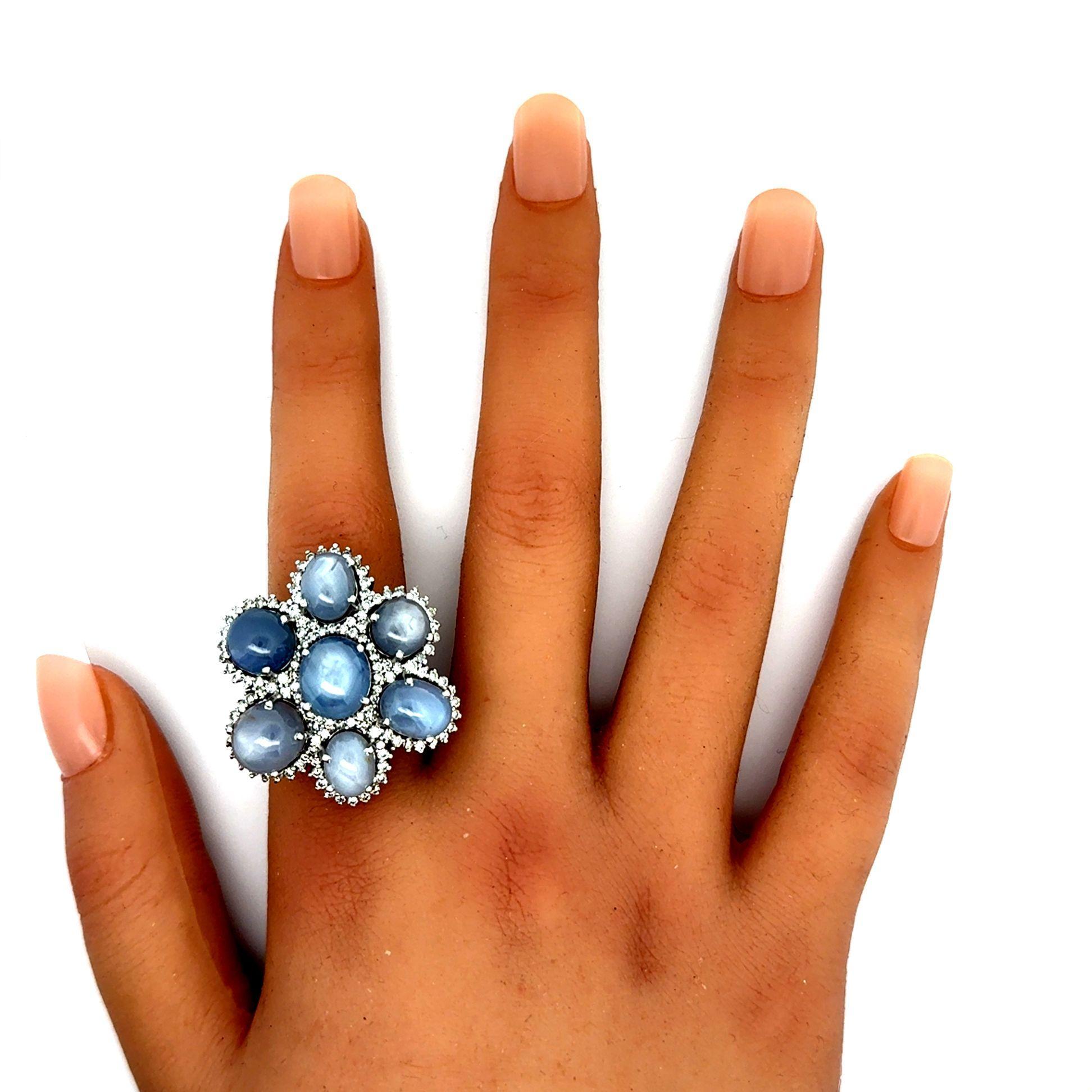 Cabochon Star Sapphire Diamond Cluster 18k White Gold Cocktail Ring For Sale