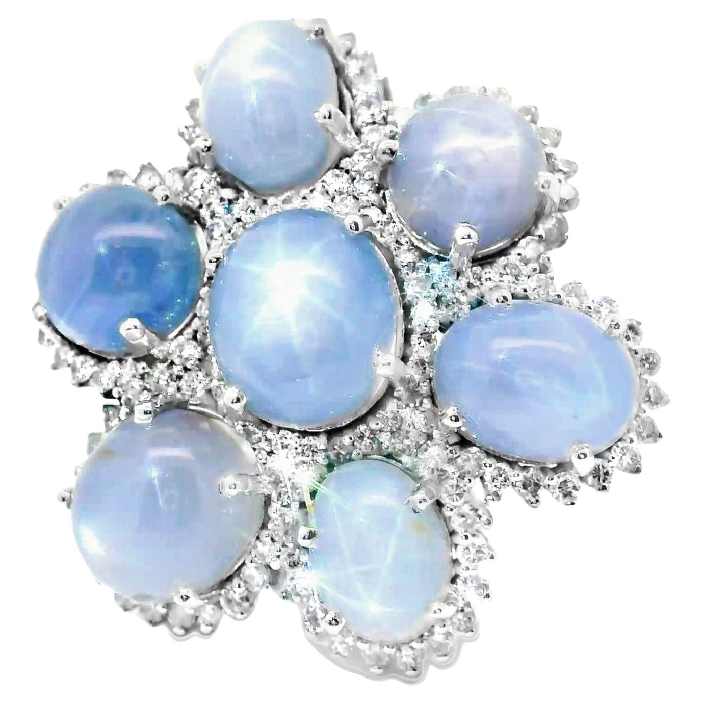 Star Sapphire Diamond Cluster 18k White Gold Cocktail Ring For Sale