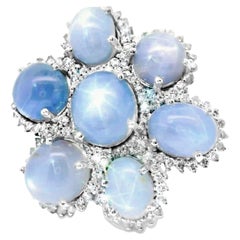 Star Sapphire Diamond Cluster 18k White Gold Cocktail Ring