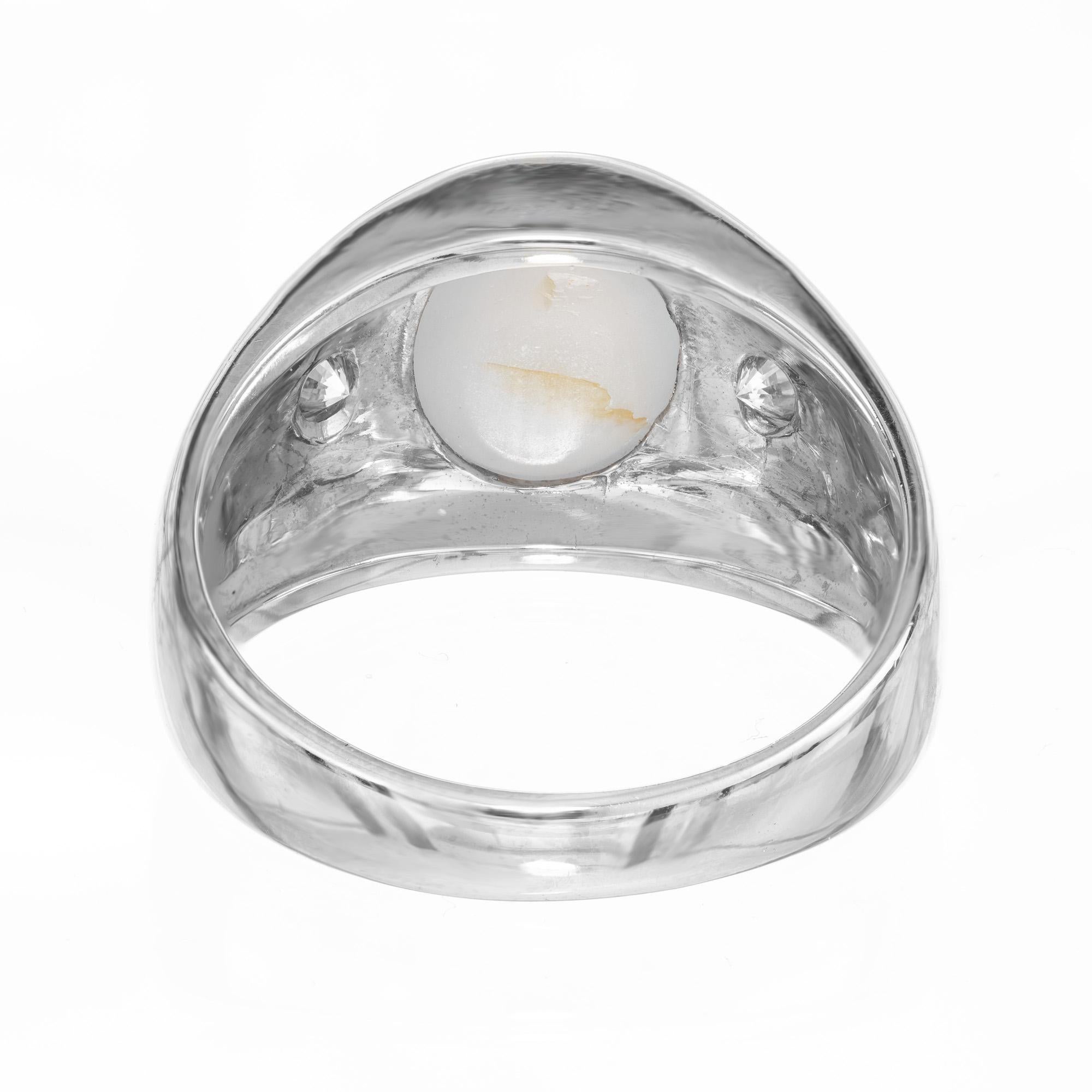 GIA 5.00 Cabochon Star Sapphire Diamond Bague trois pierres pour homme en or blanc en vente 2