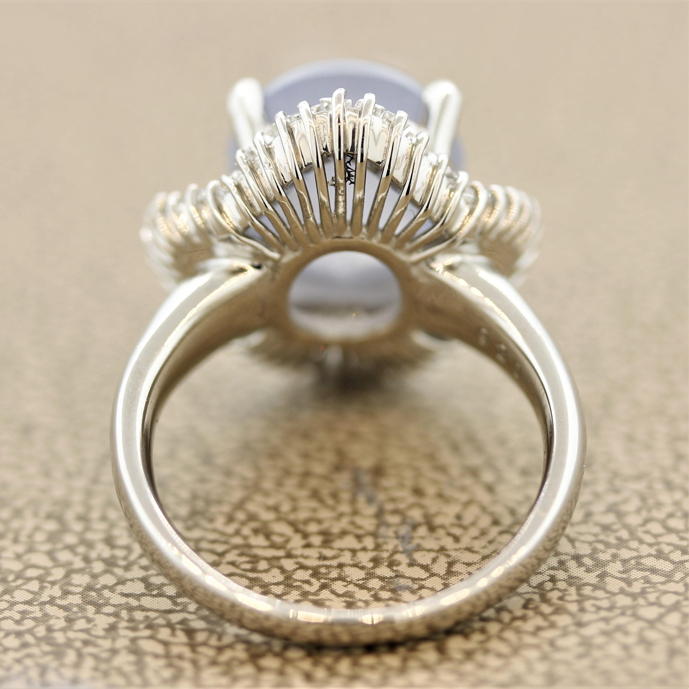Cabochon Star Sapphire Diamond Platinum Ballerina-Style Ring For Sale