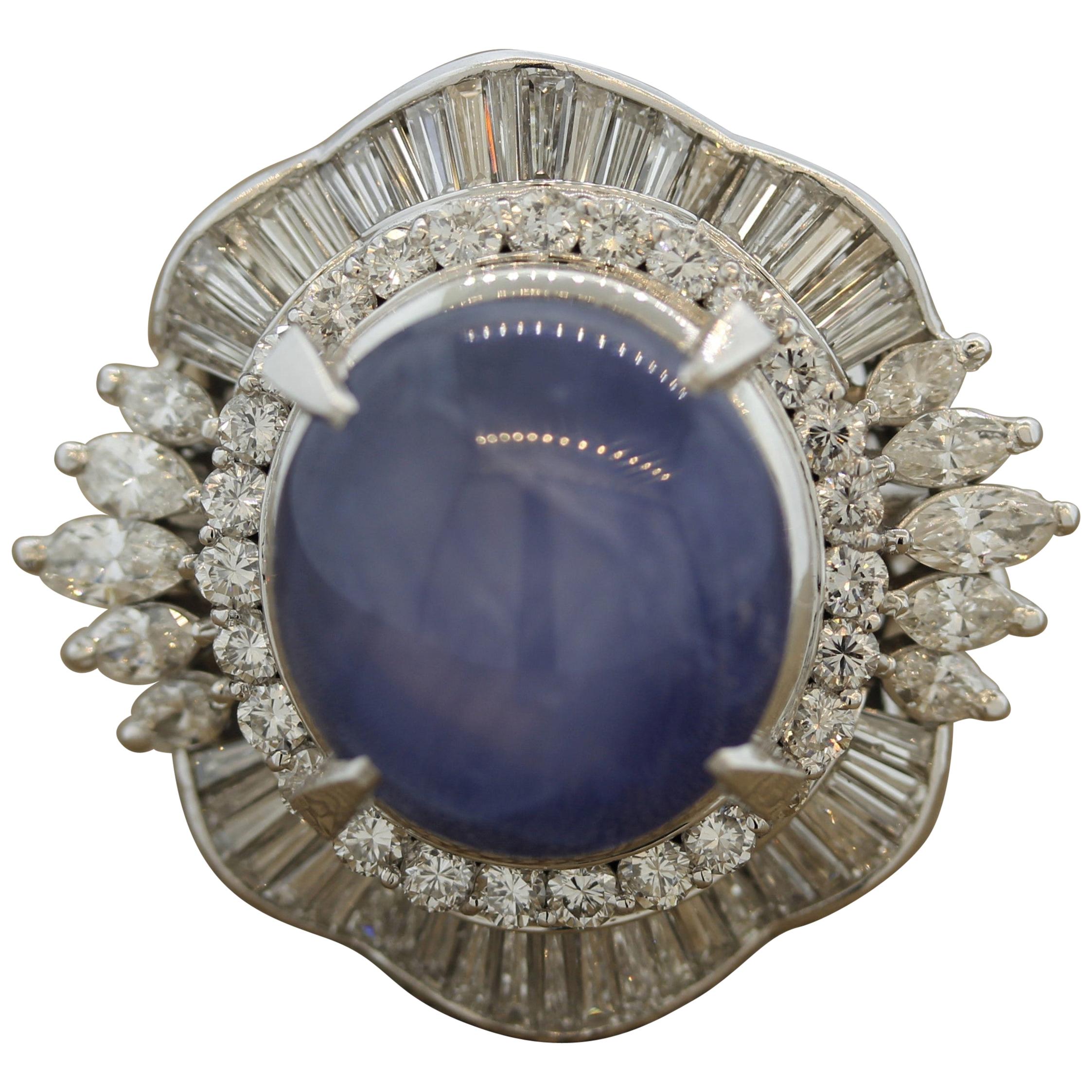 Star Sapphire Diamond Platinum Cocktail Ring For Sale