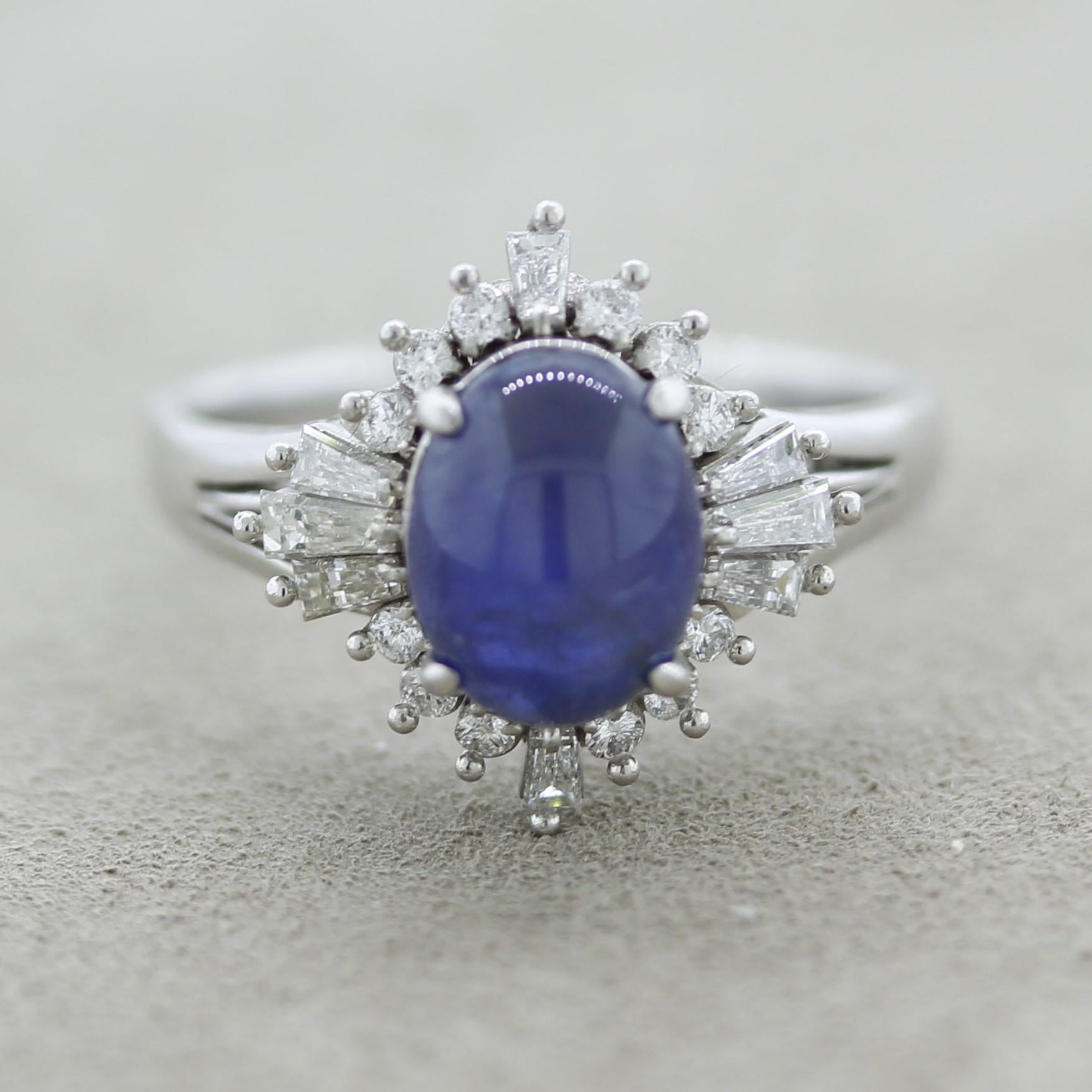 A fun and stylish ring that can be worn casual daily or dressed up for a night out. It features a 3.32 carat natural star sapphire, which has no treatment of any kind. It is complemented by 0.55 carats of baguette and round brilliant-cut diamonds