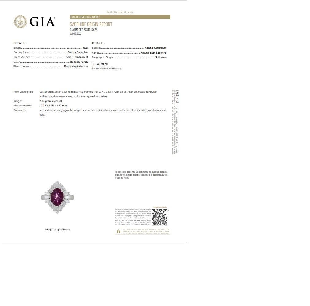 Star Sapphire Diamond Platinum Ring, GIA Certified For Sale 1