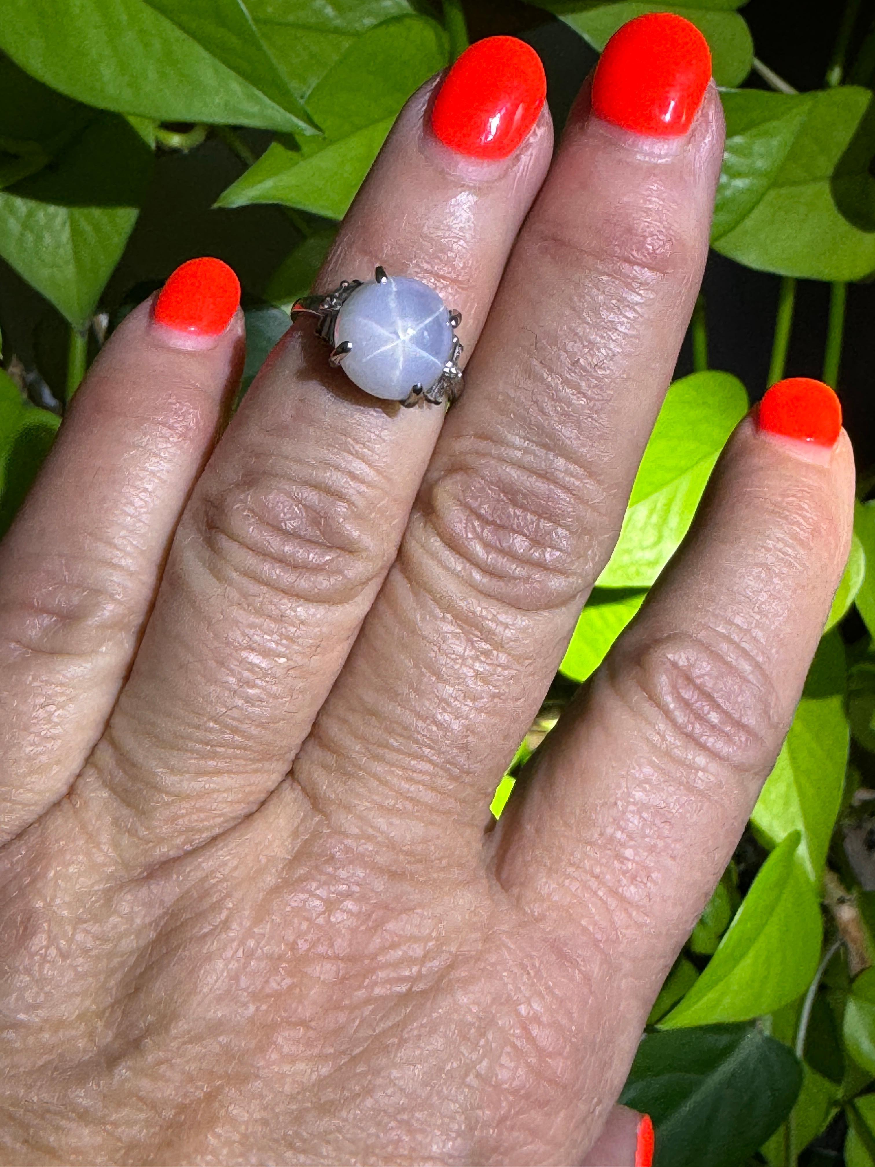 Round Cut Star Sapphire Diamond Platinum Ring, Light Blue For Sale