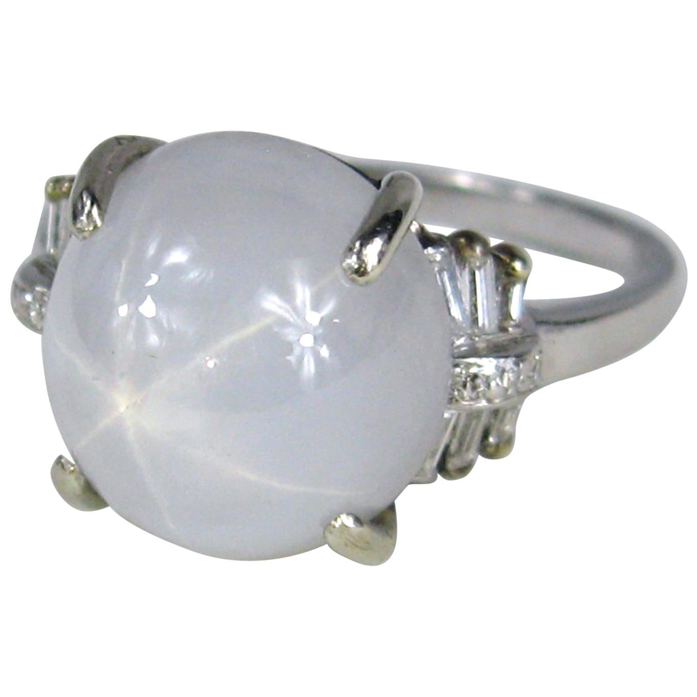 Star Sapphire Diamond Platinum Ring, Light Blue For Sale