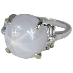 Star Sapphire Diamond Platinum Ring, Light Blue
