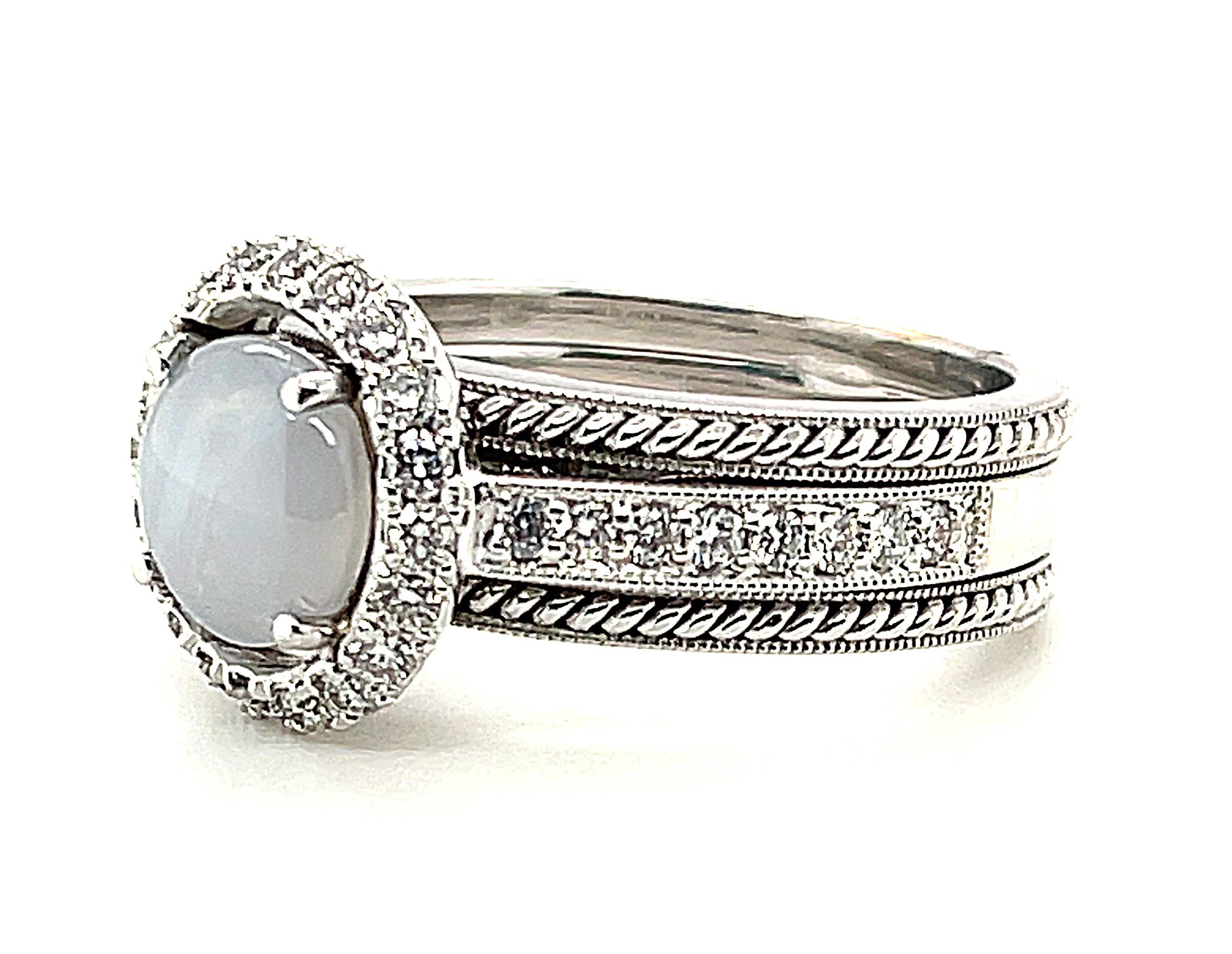Artisan 1.72 Violet-Gray Star Sapphire & Diamond Halo Band Ring in 18k White Gold
